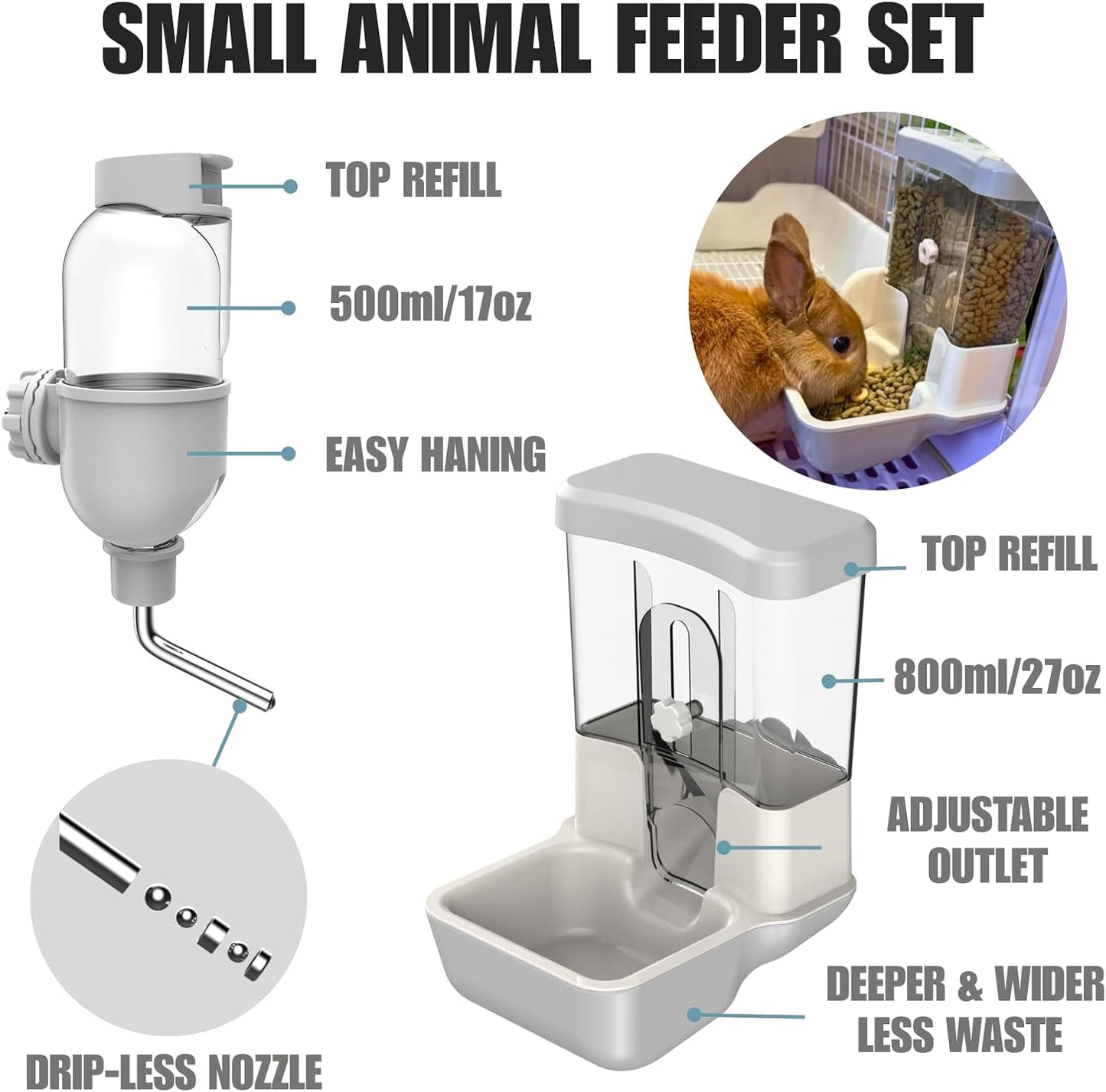 Automatic Pet Food Water Dispenser, Auto Gravity Pet Feeder Water Bottle Set for Crate Cage, Feeding Station for Small Dog Cat Rabbit Guinea Pigs Chinchilla Ferret Hedgehog (Blue)