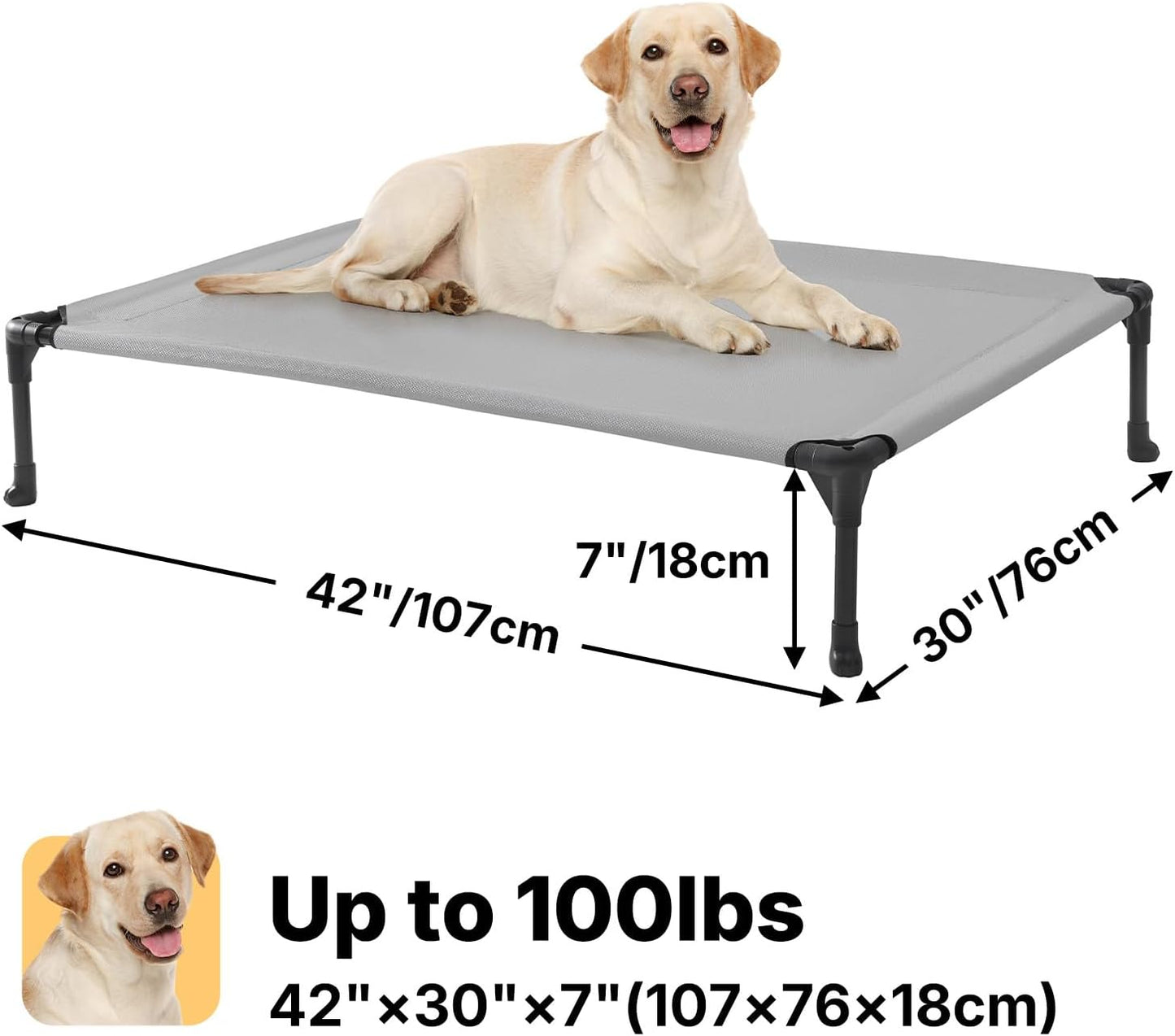 Veehoo Outdoor Elevated Dog Cot Bed, Cooling Raised Pet Bed for Large Dogs, Washable Breathable Mesh Hammock Bed with No-Slip Feet, Indestructible Ground Off Training Platform Cot-42"x30" Grey