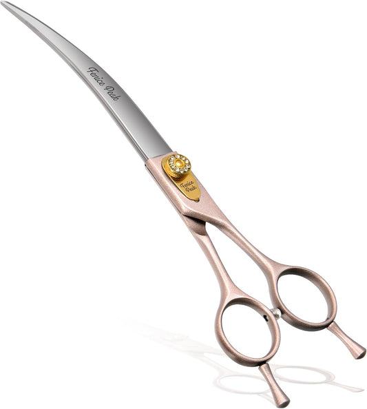 Fenice Peak Professional Curved Dog Grooming Scissors 8'' Rose Gold 440C Stainless Steel Pet Cutting Shears Safety Trimming Shearing for Dogs Cats