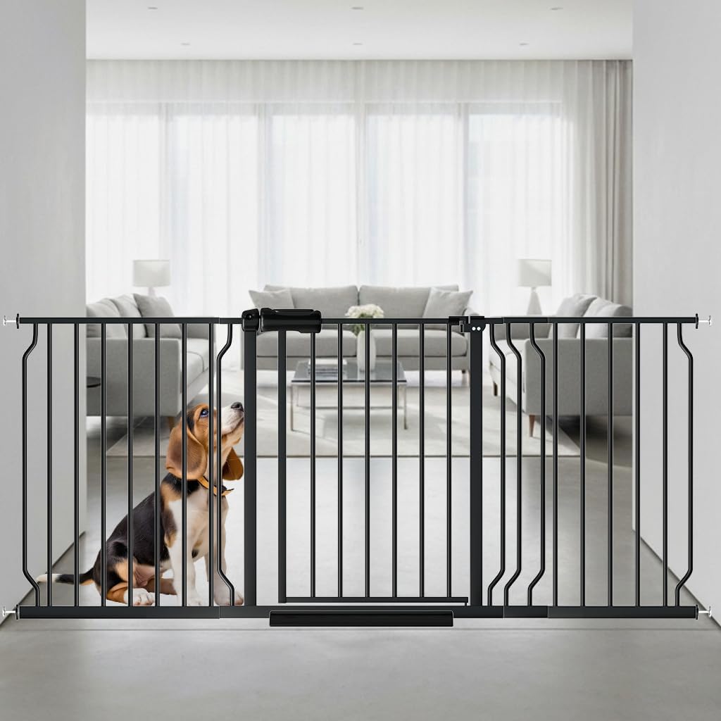 62.2"-71.65" Extra Wide Auto Closing Baby Safety Gate for Stairs & Doorways, Pressure Mounted No Drill Pet Gate with Walk-Through Door - Heavy Duty Childproof Gate for Toddlers, Kids, Dogs (Black)