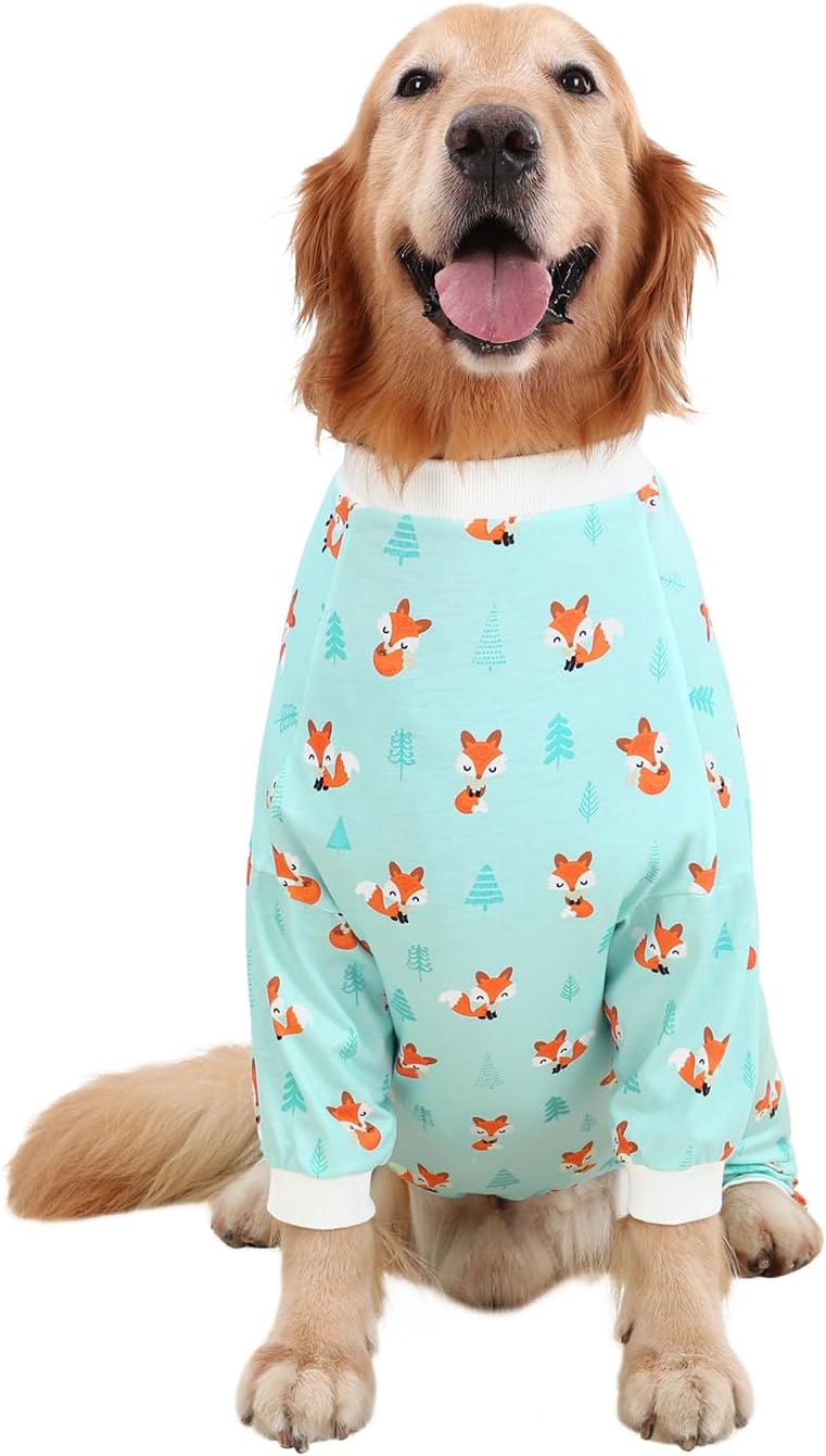 HDE Dog Pajamas One Piece Jammies Jumpsuit Pet Clothes Outfit Stretchy Lightweight Comfy Shirt Pjs for M-3XL Dogs Winter Foxes - L