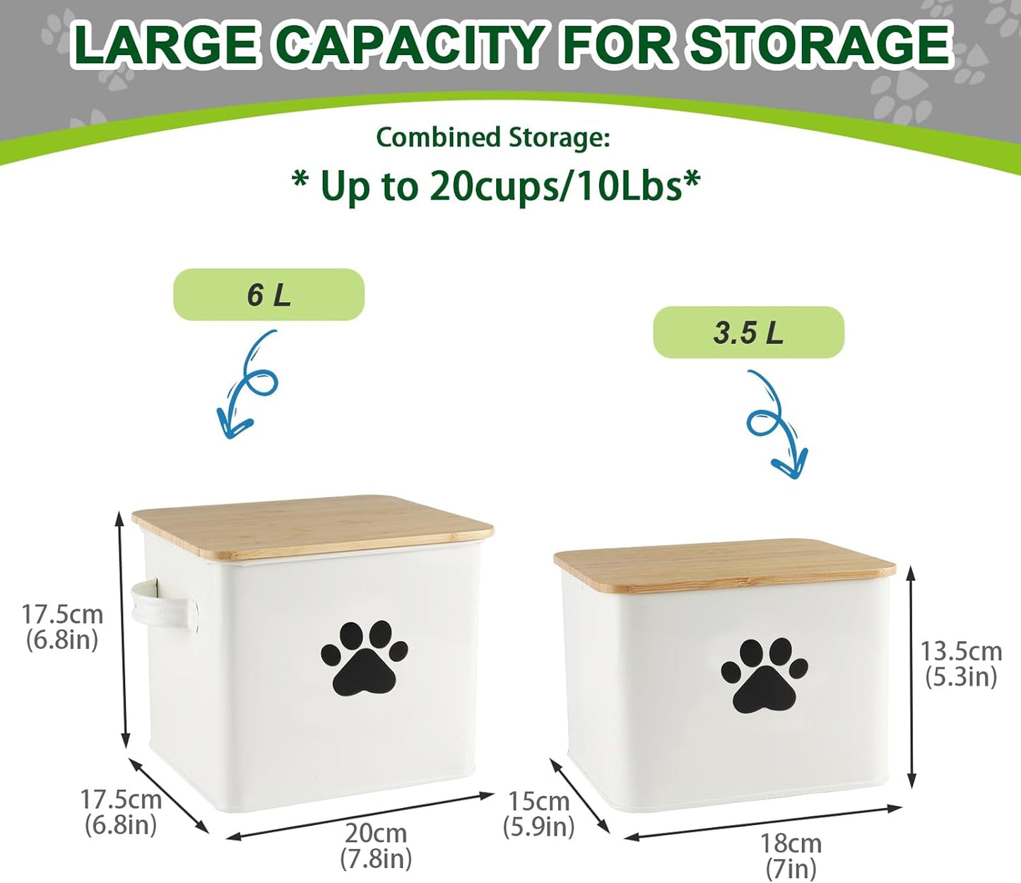 Set of 2 Airtight Dog Treat Container -10lb Metal Dog Food Canister -Dog Treat Jars for Kitchen Counter with Bamboo Lids-Pet Puppy Food Bin with Food Scoop- Doggie Cookie Jar-White