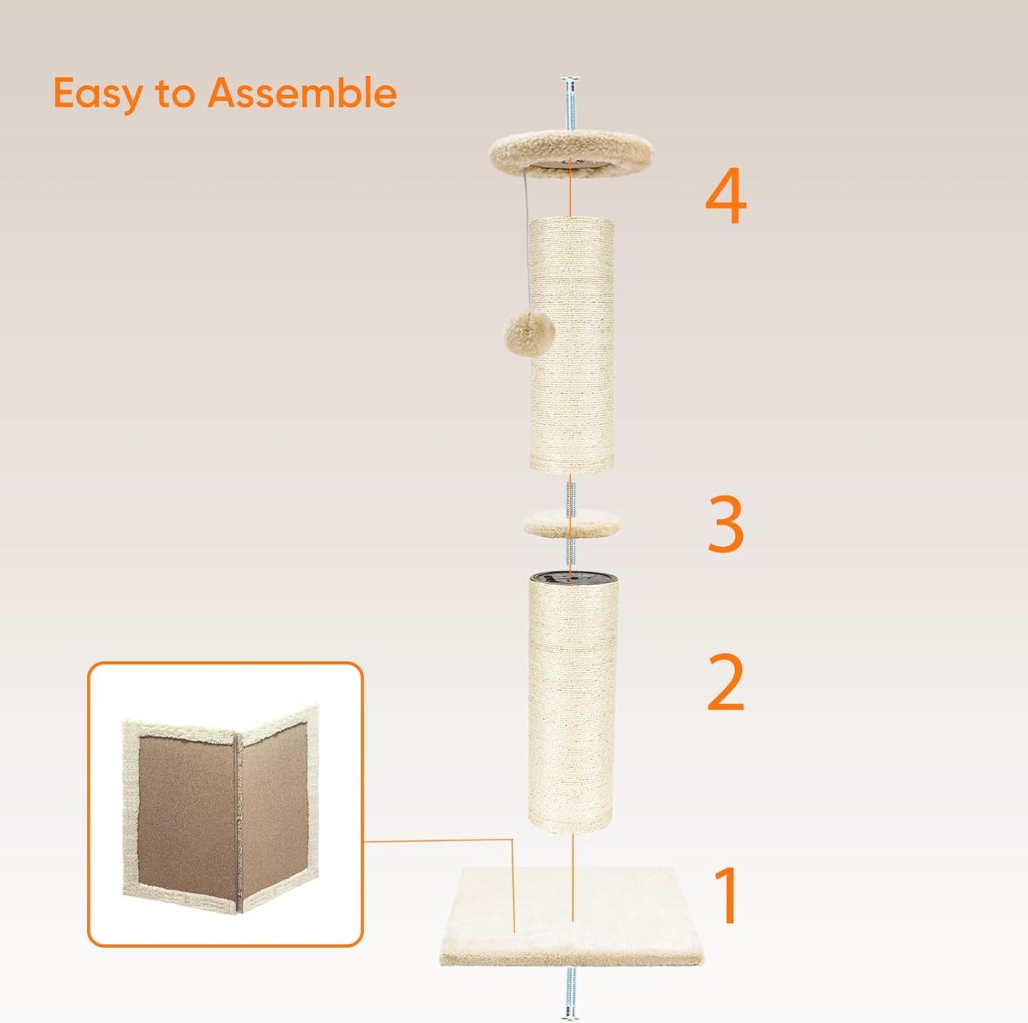 PAWSCRAT Cat Scratching Post 32" Tall, Large Diameter Natural Sisal Cat Scratch Post with Dangling Ball, Scratch-Resistant and Durable Tall Cat Scratcher for Indoor Cats, Protect Your Furniture, Beige