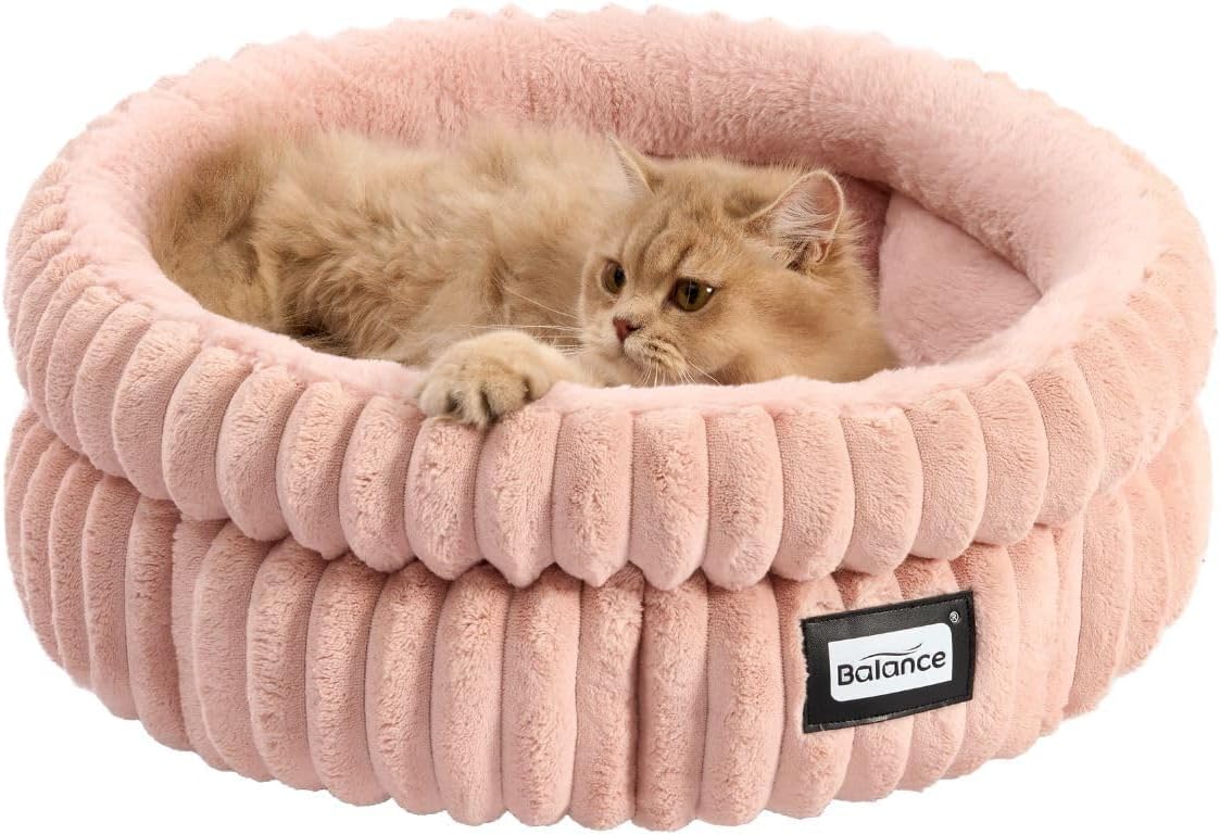 BALANCE Cat Bed Kitten Bed, Washable Round Cat Beds for Indoor Cats,Super Soft Plush Faux Fur Pet Bed for Puppy and Kitten with Anti-Slip Bottom