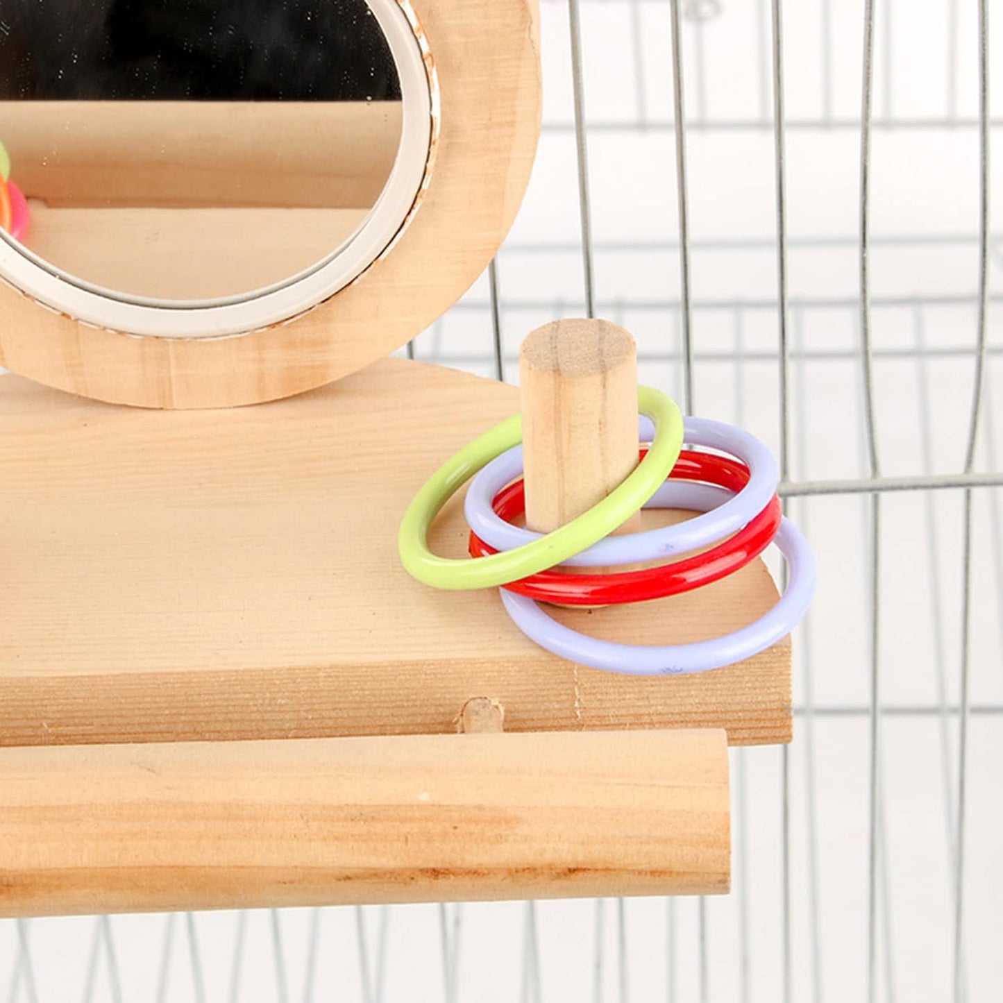 Parrot Mirror Toy for Cage, Pet Mirror Toys Set with Wooden Platform Stand Perch, 8 Pcs Colorful Stacking Rings Bird Toy Intelligence Toys, Idea for Cockatiel Parrot Bird Cage Health Supplies