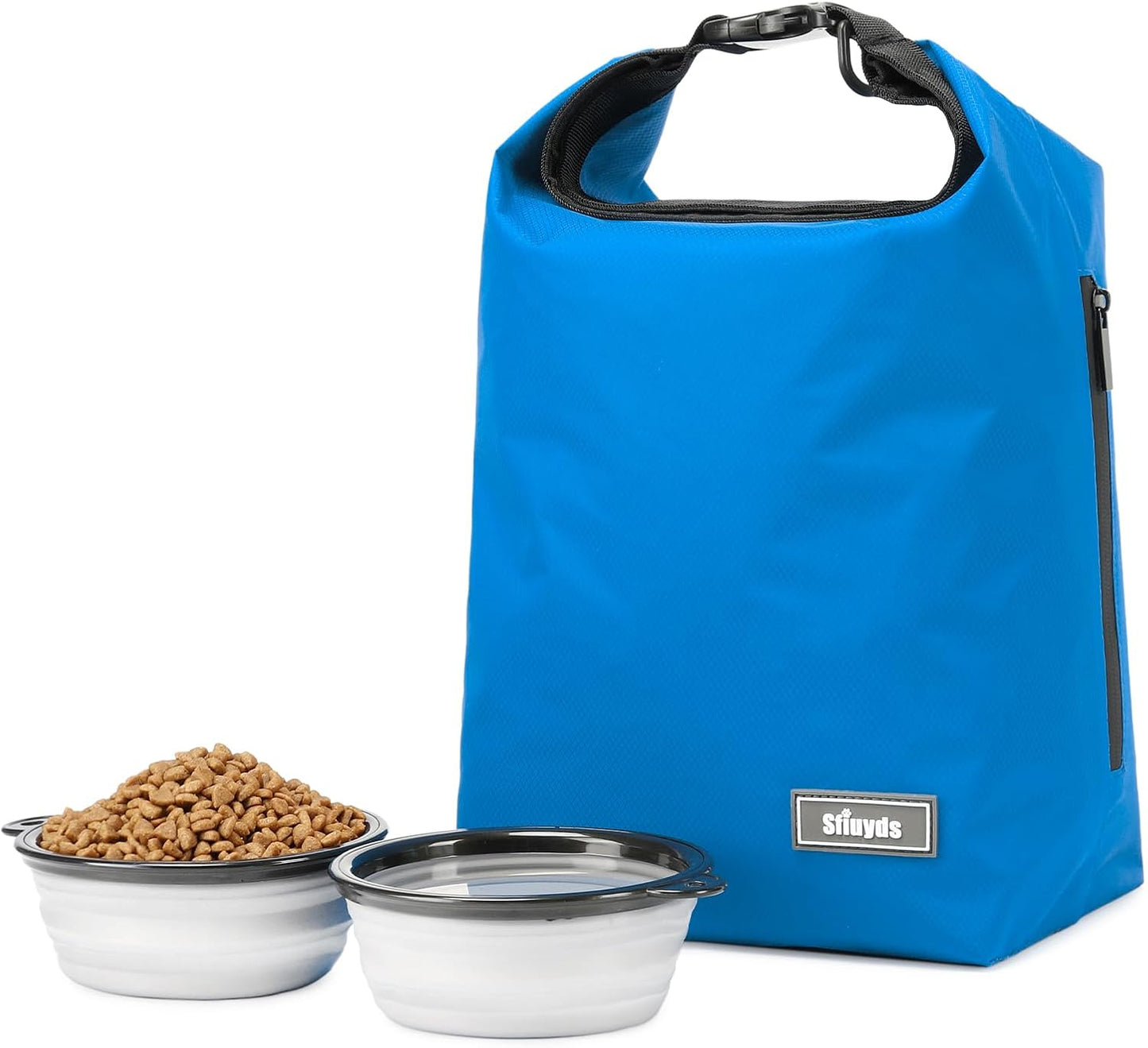 Pet Food Storage Bag,Dog Storage Organizer Bag w/2PCS Collapsible Dog Travel Bowls and Zipper Side Pocket for Home(Blue, Large)
