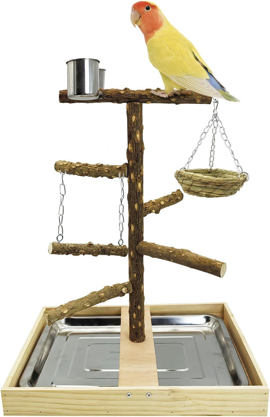 Tfwadmx Bird Perch Natural Wood Stand Toy Parrot Play Stand Platform and Hanging Bird Nests Bird Cage with Removable Tray and 2 Stainless Steel Cups for Parakeets Canaries Cockatiels Conure Lovebirds