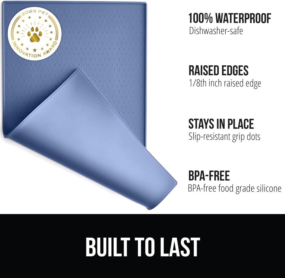 GORILLA GRIP 100% Waterproof Raised Edge BPA Free Silicone Pet Feeding Mat, Dog Cat Food Mats Contain Spills Protects Floors, Placemats for Cats and Dogs Water Bowl, Pets Accessories 16x10, Blue