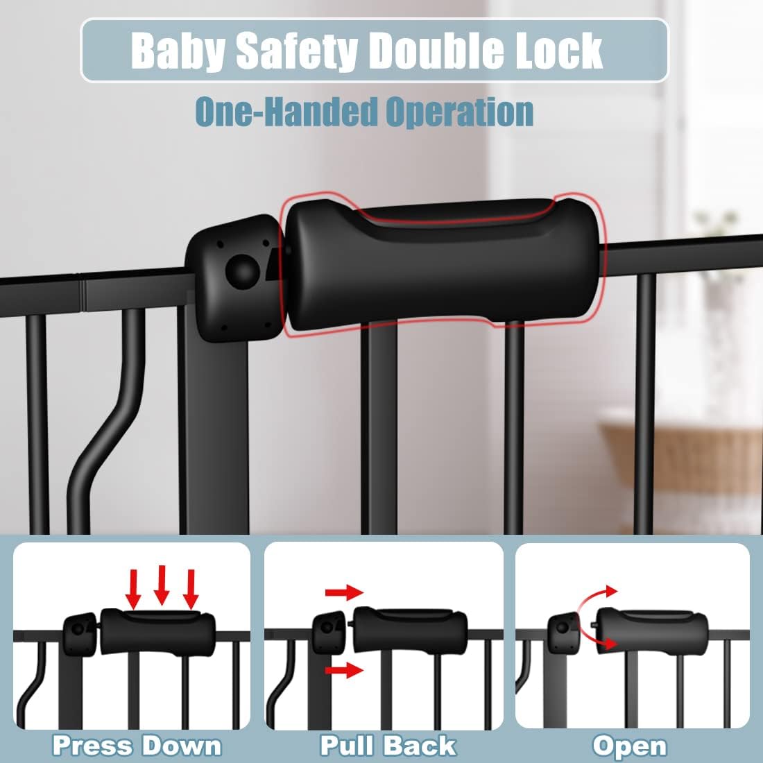 Extra Wide Baby Gate Black 34-38.5 Inch Wide Walk Through Pressure Mounted No Drill Long and Large Tension Metal Gate for Dog and Toddler