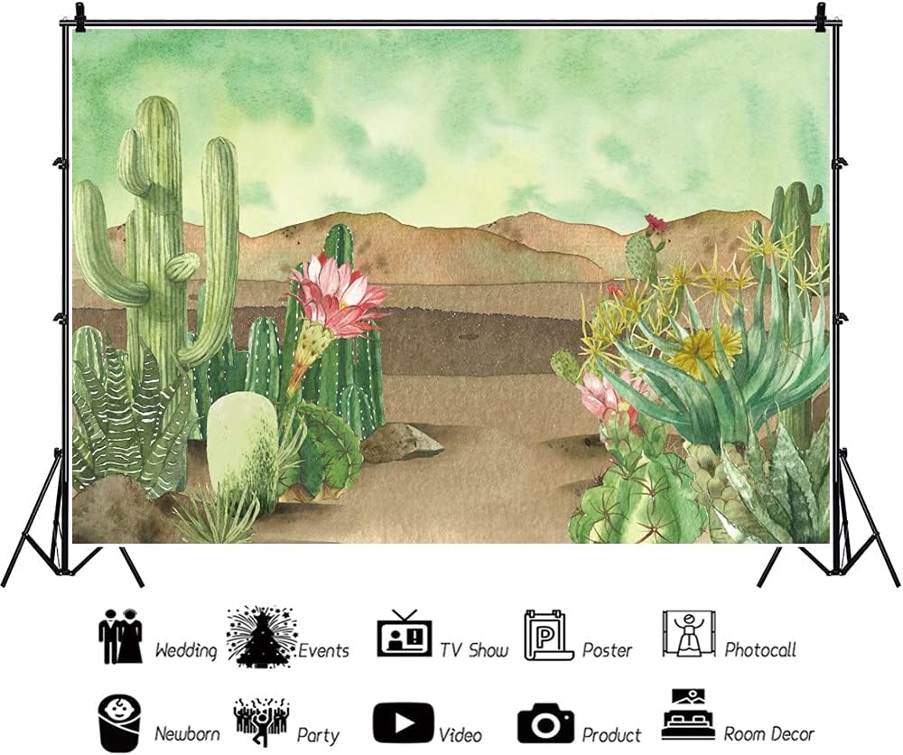 Renaiss 10x8ft Floral Cacti Backdrop Watercolor Aloes Cactus Flowers Desert Scenery Photography Background Botanical Mexican Fiesta Baby Shower Bridal Shower Birthday Party Decors Photo Studio Props