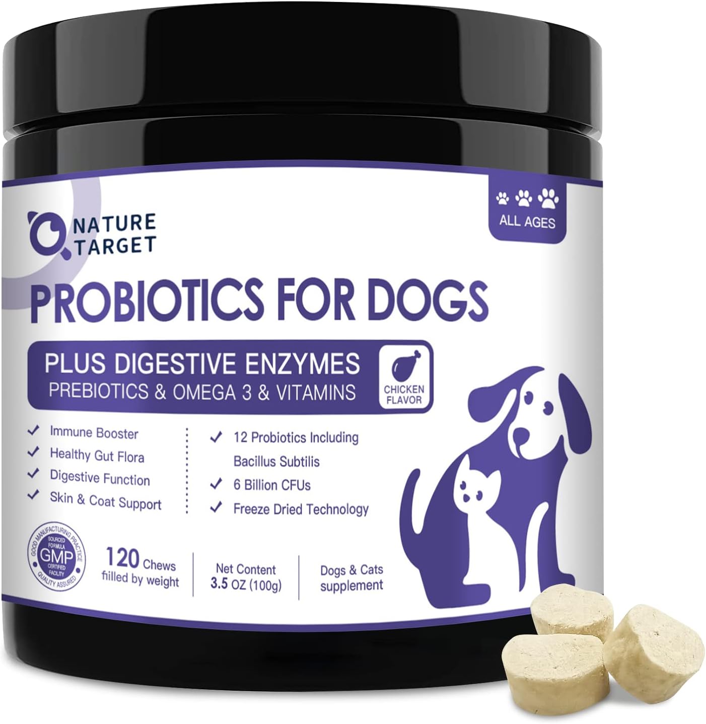 NATURE TARGET Probiotics for Dogs, 6 Billion Freeze Dried Dog Probiotics with Prebiotics & Enzymes, Vitamins, Omega 3, for Digestive & Gut Health, Itch Relief, Reduce Diarrhea, 120 Bites