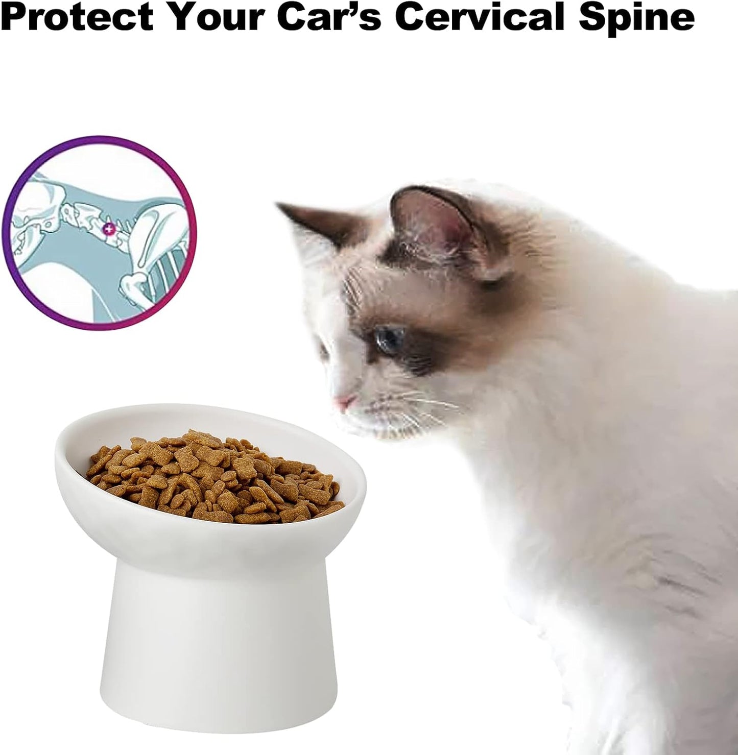 Ceramic Raised Cat Bowls, Elevated Tilted Cat Food and Water Bowls Set, Porcelain Stress Free Pet Feeder Dish for Cats and Small Dogs, Dishwasher and Microwave Safe, Set of 2(White)