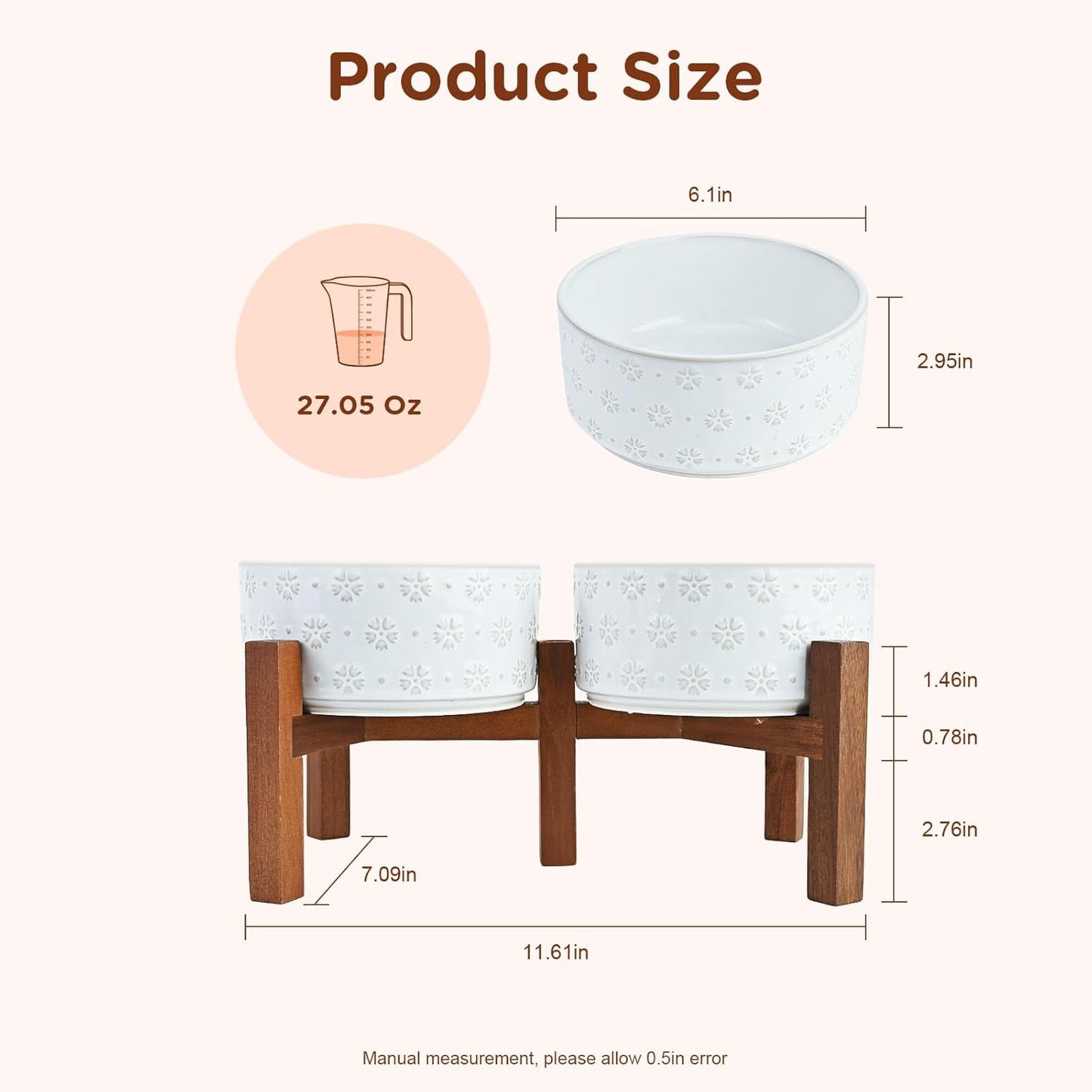 SPUNKYJUNKY Ceramic Dog Bowls Dog Bowl Set with Acacia Wood Stand Raised Dog Bowl Dog Food and Water Bowl for Small Medium Sized Dog (Deep, 15.5cm)