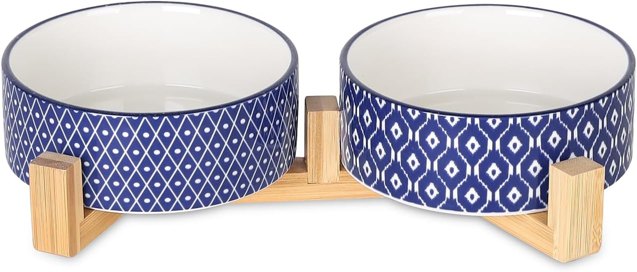 Selamica Ceramic 14 OZ Dog Bowls with Wooden Stand, Anti-Slip Dog Dishes Set for Cats & Small Dogs, Weighted Pet Bowls Set of 2, Vintage Blue