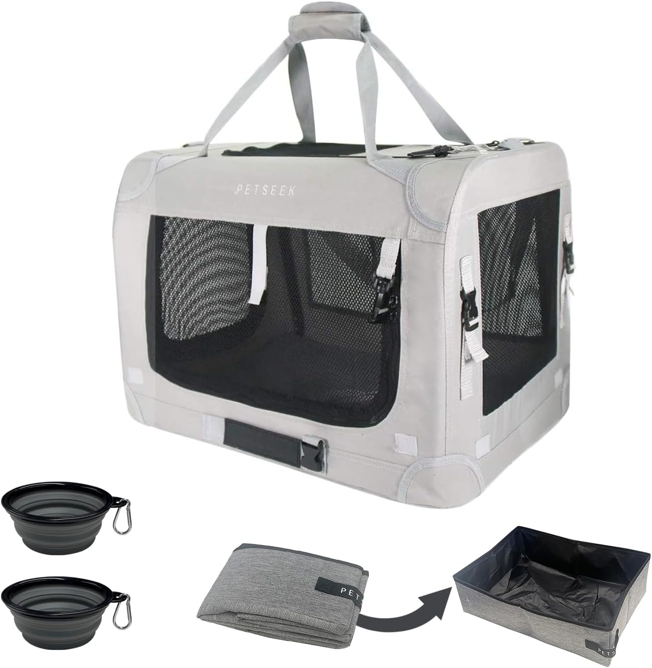 Extra Extra Large Cat Carrier Soft Sided, Portable Small Dog Carrier for 2 Cats, 24"x16.5"x16" Car Travel Folding Comfortable Design with Litter Box and Bowls, Grey+ Litter Box+ Bowl*2