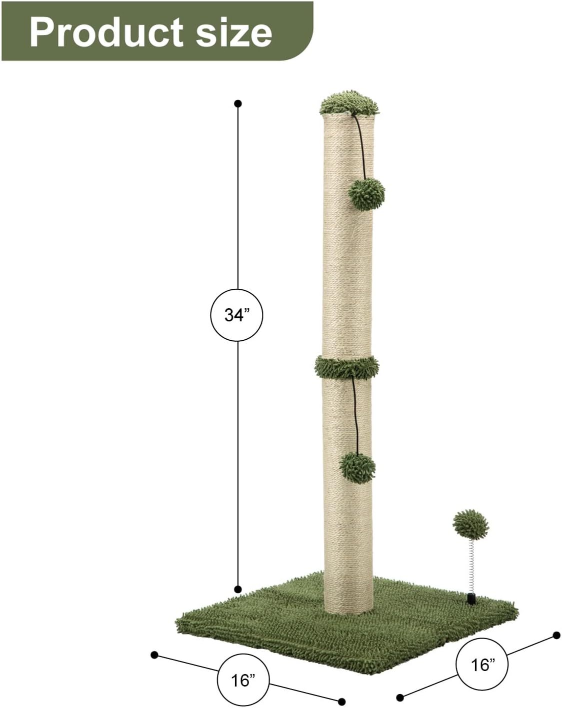 MECOOL 34“ Tall Cat Scratching Post Premium Basics Kitten Scratcher Sisal Scratch Posts Trees with Hanging Ball for Indoor Cats (34 inches for Adult Cats, Cactus Green)