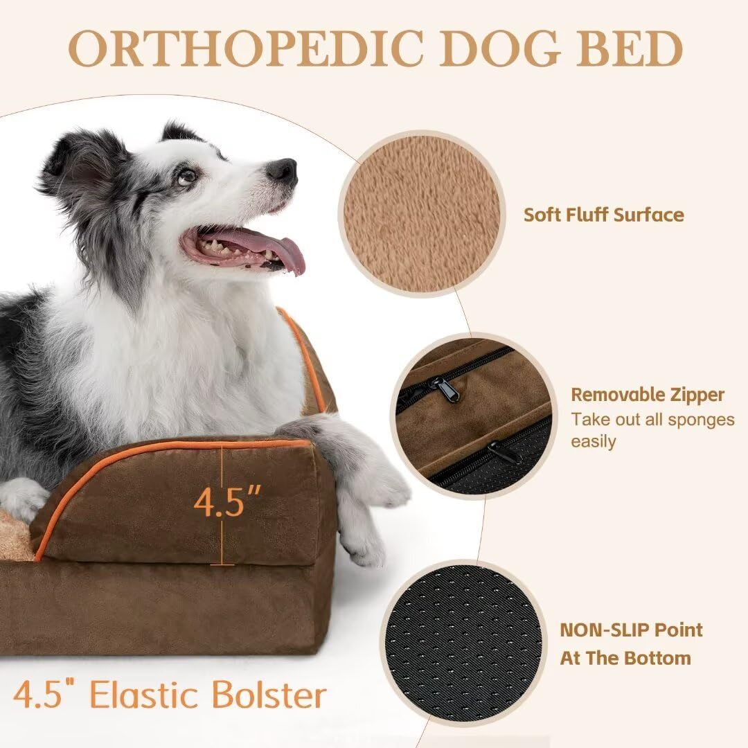 Comfort Expression Large Dog Beds Orthopedic Foam, Waterproof Dog Beds Dogs Sofa Bed Comfy Pet Bed with Washable Removable Cover & Non-Slip Bottom(Large,Brown)