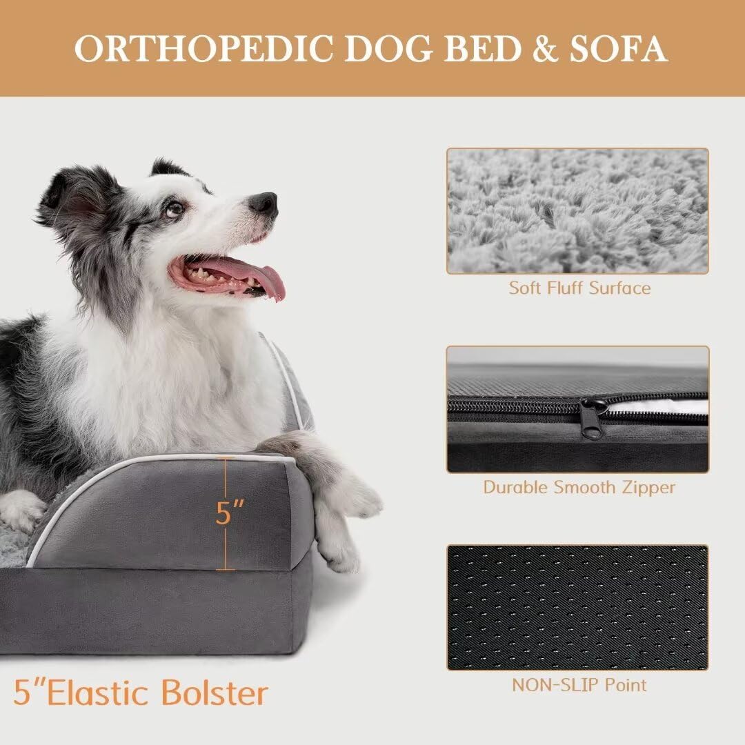 Comfort Expression Orthopedic Waterproof Dog Beds Memory Foam, XL Washable Dog Beds with Removable Cover, Large Pet Sofa Couch with Bolster(X-Large,Silver Grey)
