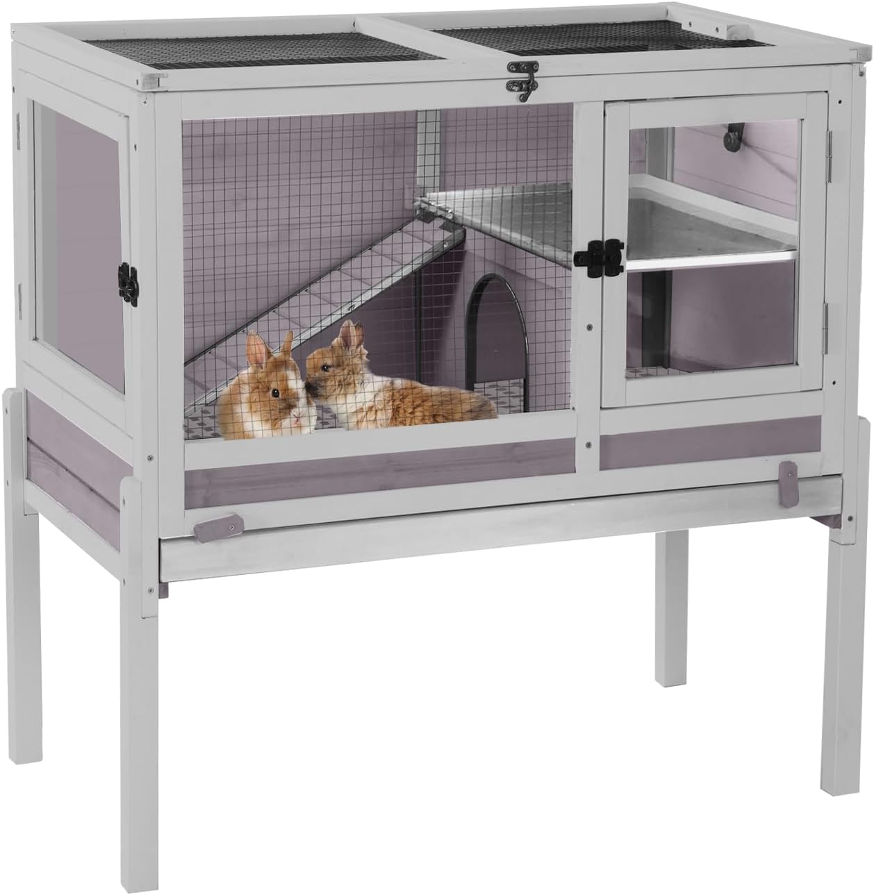 Aivituvin Rabbit Hutch with Stand Wooden Bunny Cage Indoor 2 Story Guinea Pig House with Anti Chew Ramp, No Leak Tray, Hideout, Wire Mesh (Gray)