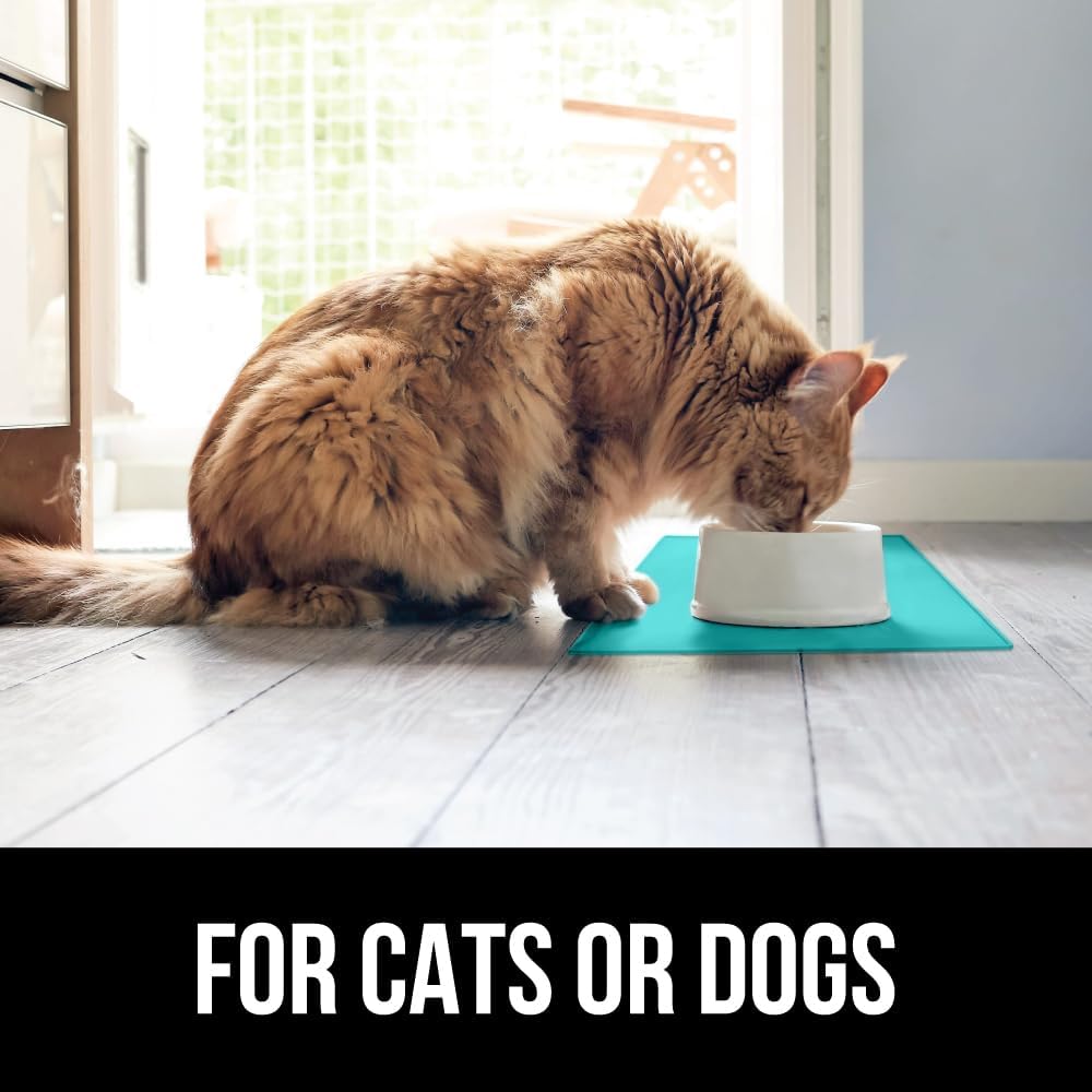 GORILLA GRIP 100% Waterproof Raised Edge BPA Free Silicone Pet Feeding Mat, Dog Cat Food Mats Contain Spills Protects Floors, Placemats for Cats and Dogs Water Bowl, Pets Accessories 28x18 Turquoise
