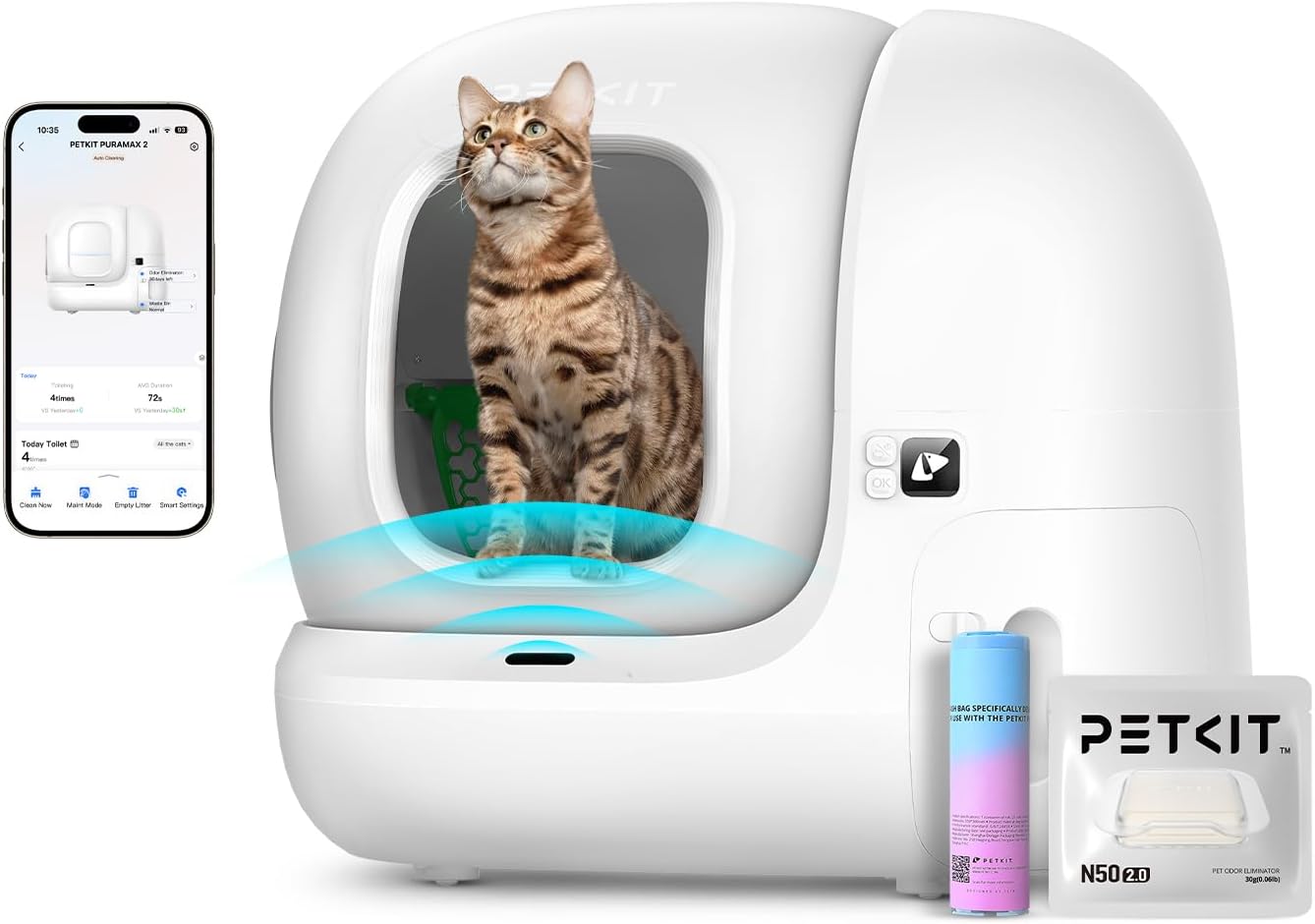 PETKIT PuraMax 2 Automatic Self-Cleaning Cat Litter Box, App Control Scoop-Free Litter Box with Safety Sensors, Odor Free & Anti-Leakage Basic Bundle Includes Trash Bags,2.4G WiFi & Low Entrance