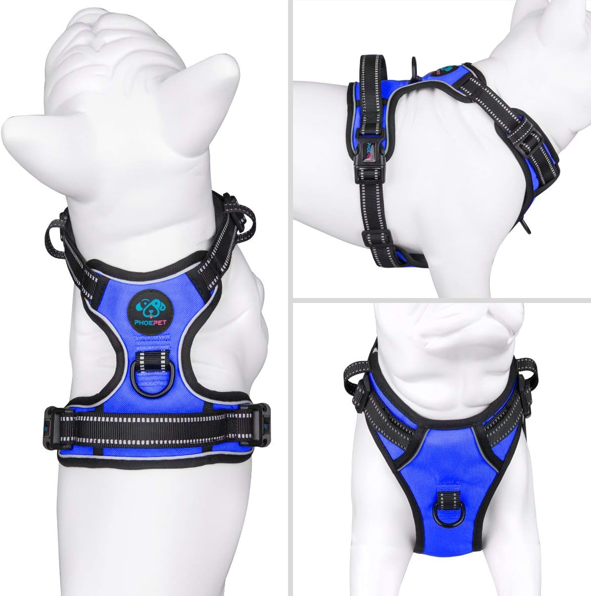 PHOEPET No Pull Dog Harnesses for Small Puppies Reflective Adjustable Front Clip Vest with 2 Metal Leash Attachment Hooks Soft Handle [Over The Head Design](XL, Royal Blue)