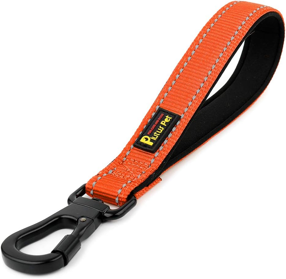 PLUTUS PET 10” Short Dog Leash, Reflective Nylon Padded Handle, Strong Traffic Leash with Carabiner Clip, Perfect for Large or Medium Dogs（10”，Orange