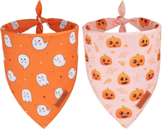 PTDECOR Halloween Dog Bandana, Cute Ghost Pumpkin Design Reversible Holiday Pet Scarf, Adjustable Orange Yellow Halloween Bandanas for Medium Large Dogs Pets (Large)