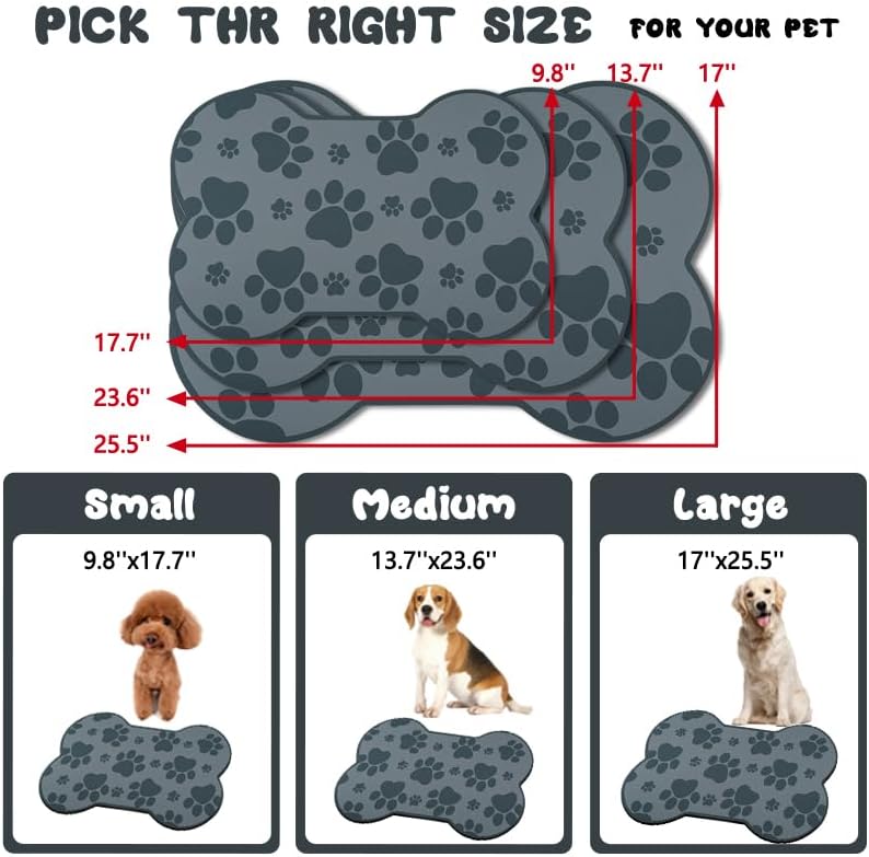 Dog Food Mats for Floors Waterproof, Pet Feeding Absorbent Water Bowl Mat Cat Placemats Gray Bone Shape 23.6 * 15.7 inch