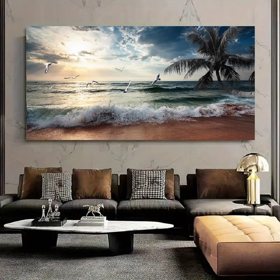 Yxbhhym Beach Wall Art Picture for Living Room Ocean Sunset Canvas Wall Decor Paintings Sea Poster Seascape Print Art Palm Artwork for Wall Art Bedroom Office Decoration Framed- 20x40inches