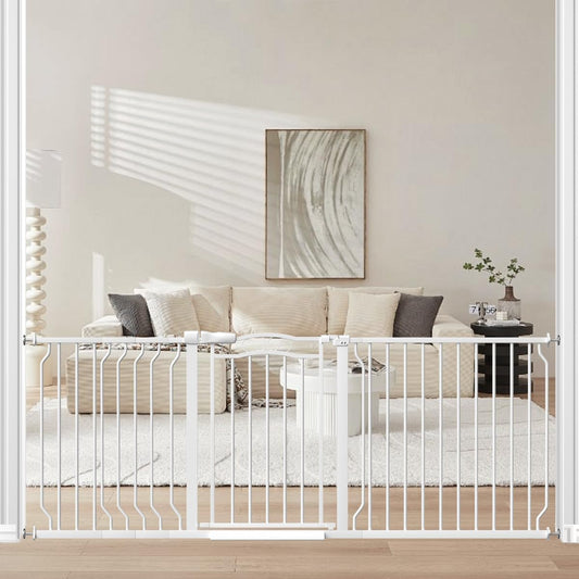 Extra Wide Dog Gate for Doorways 72-81.5 in, Walk Through Long Baby Gates for Large Openings, No Drill Child Safety Gate for Pets Kids Toddler, Doggy Barrier Indoor Metal, 30" Tall White