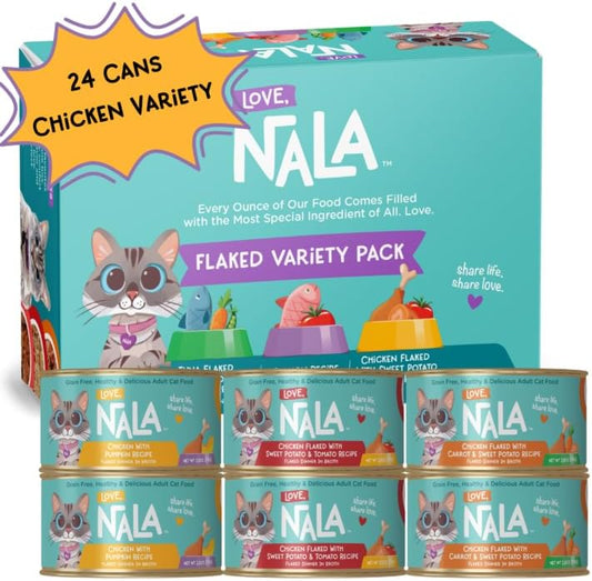 LOVE, NALA - FLAKED Chicken Variety Pack - 24 Pack - Natural Adult Cat Wet Food - Grain Free, Non-GMO, Lean Protein, Omega 3, Digestive Fiber, Added Minerals & Vitamins
