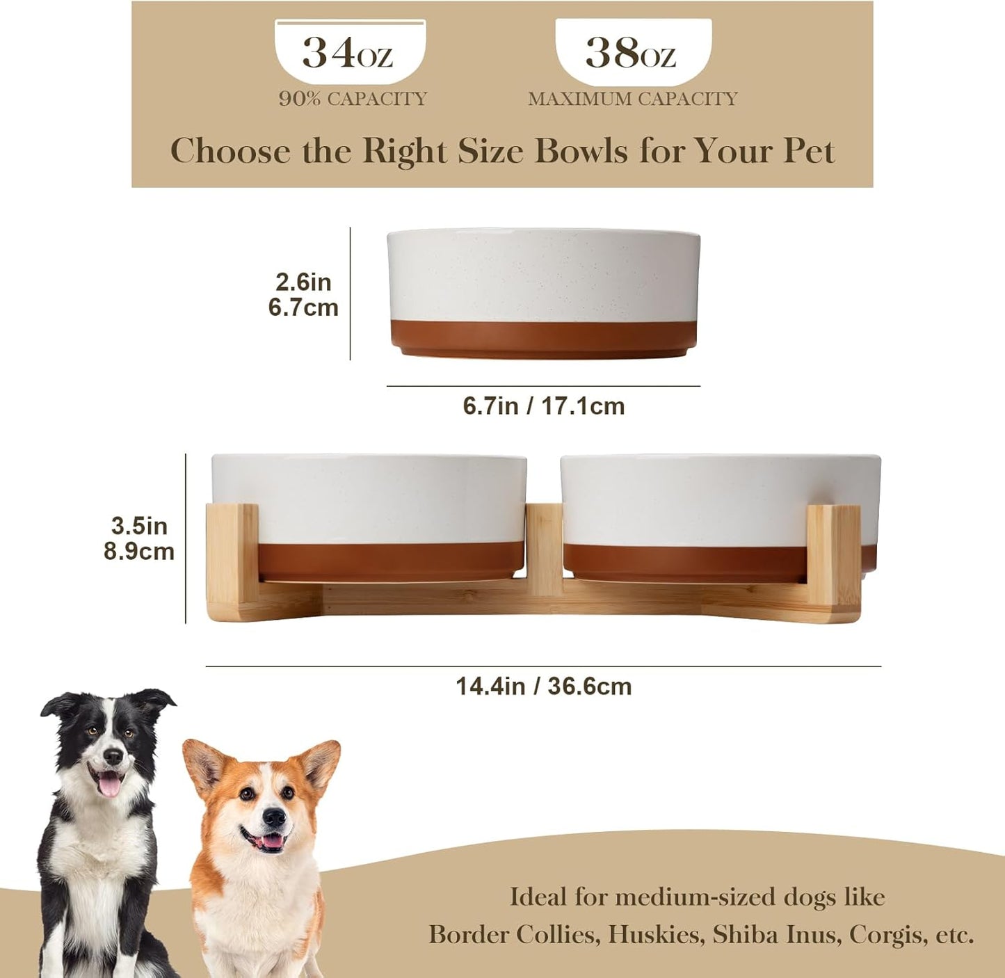 MALACASA Ceramic Dog Bowls, Dog Bowls for Medium Sized Dogs with Wood Stand - Pet Food & Water Bowl Set for Cat Medium Dogs, Weighted Glaze Matte.34 OZ (M-3.5 Cups)