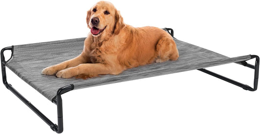 Veehoo Original Outdoor Elevated Dog Bed, Cooling Raised Dog Cot for Large Dogs, Portable Standing Pet Hammock Platform with Washable Breathable Mesh, No-Slip Feet, 43" x 30", Black Silver