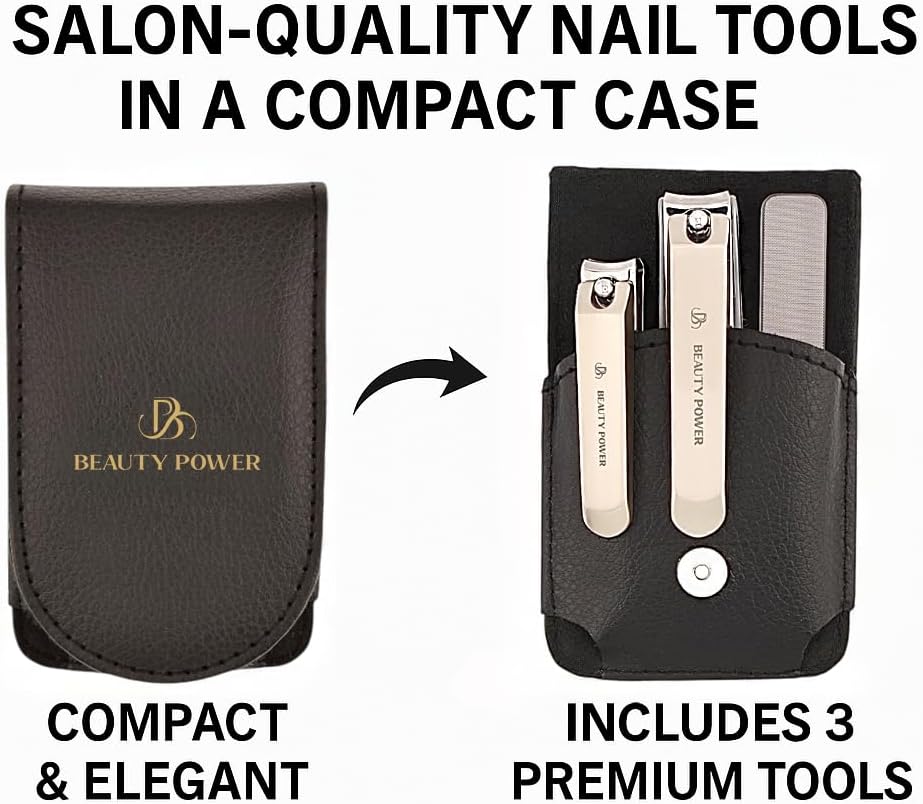 Nail Clippers Set 3 in 1 - Stainless Steel Toe Nail Clippers, Fingernail Clipper, Glass Nail File, Anti Splash, Ergonomic Grip in PU Leather Travel Case for Men & Women (Black Case)