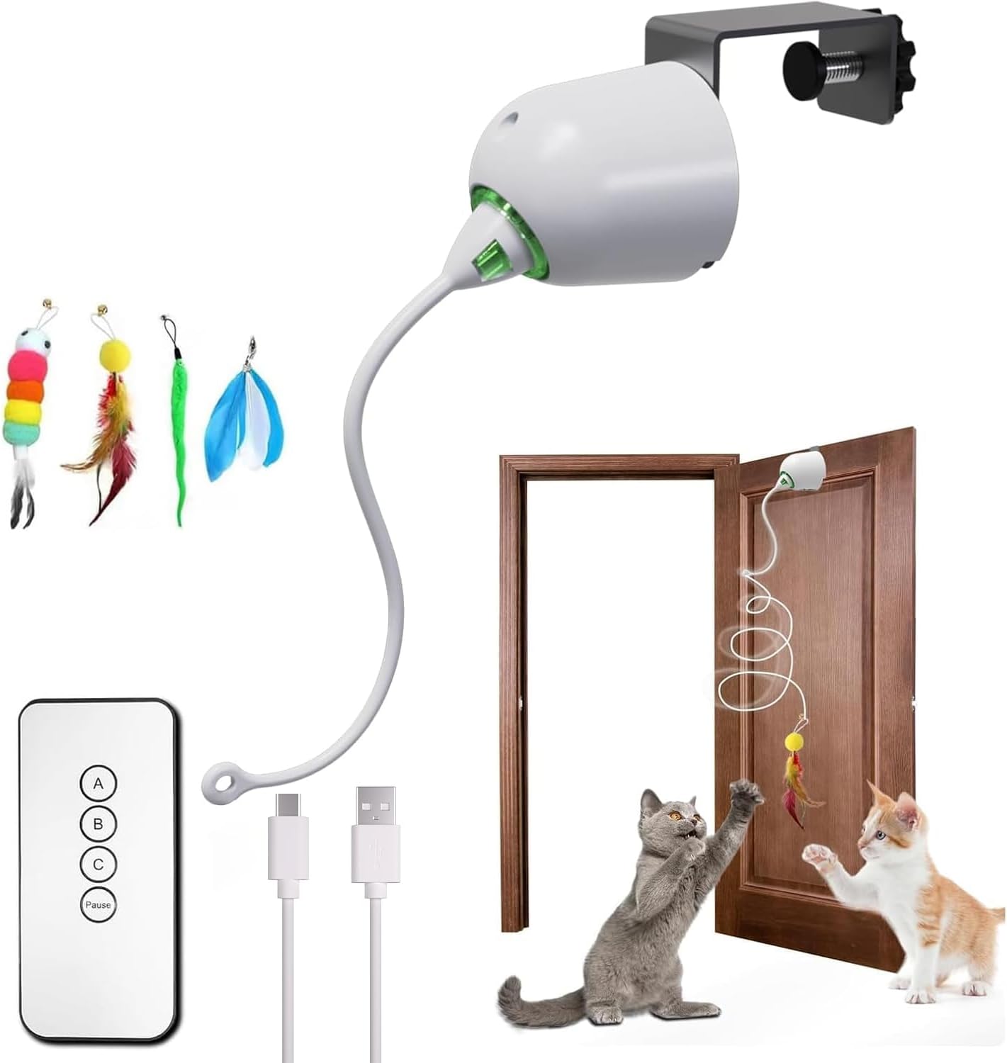 Cat Toys Interactive for Indoor, Cats Toy Hanging Door Electric for Bored, Feather Toy Kitten Rechargeable Door Hanging Automatic String with 4pcs Feather Toys, White