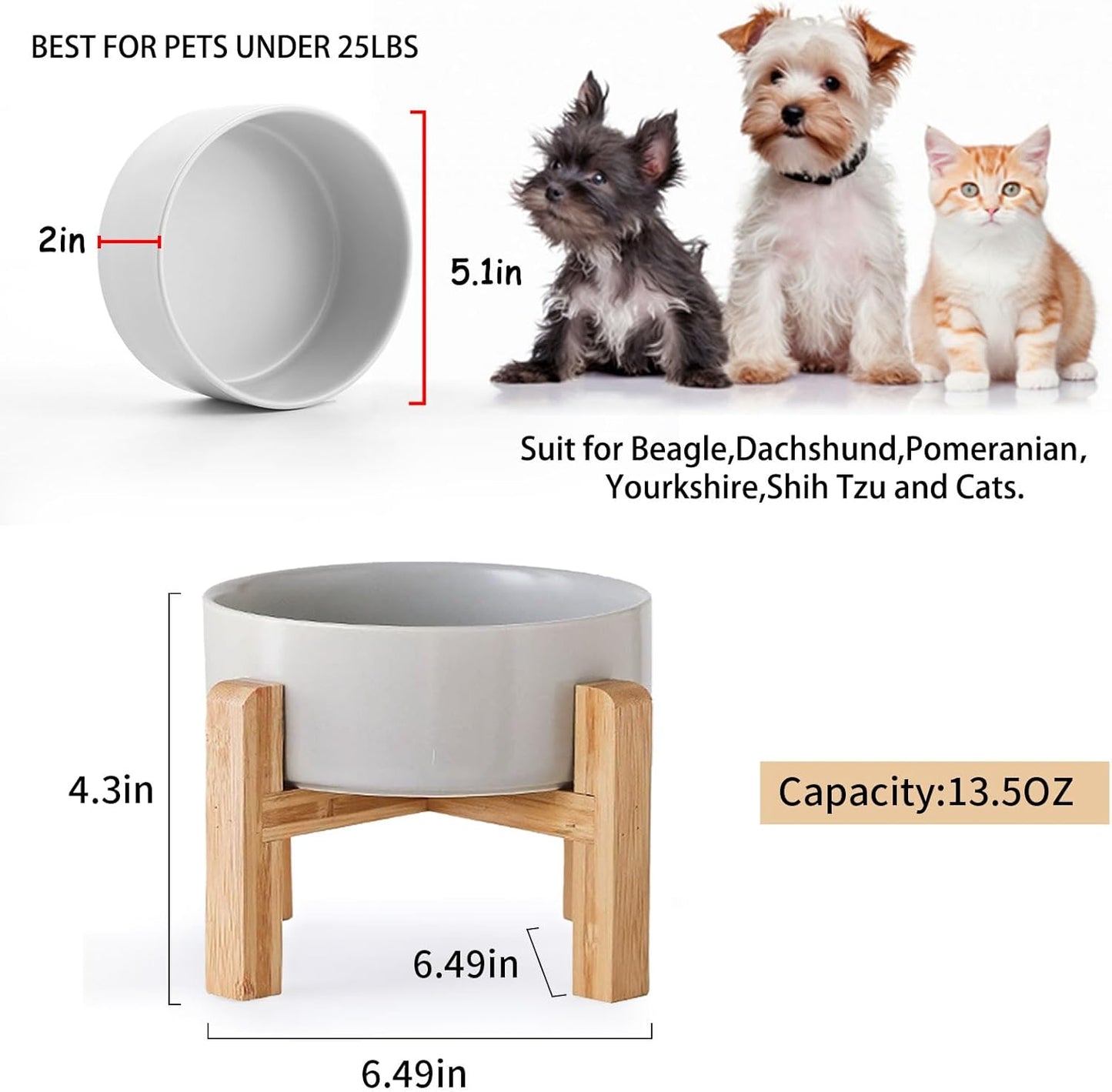 Petygooing Grey Elevated/Raised Ceramic Dog Bowl for Small Breeds, Dog Food Water Dish with Stand,Pet Feeding Bowl with Anti Slip Rubber for Cats and Small Dogs Puppy 13.5 OZ (5.1In / 1.7 Cups)