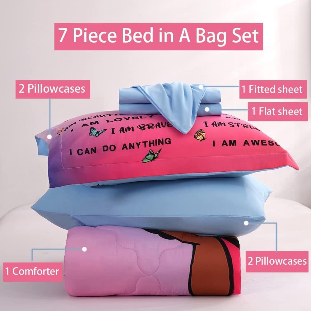 7 Piece Black Girls Magic Comforter Sets Queen Size African American Girl Bedding Set Bed in A Bag for Girls Kids Teens Inspirational Quotes Pink Blue Quilts Room Decor