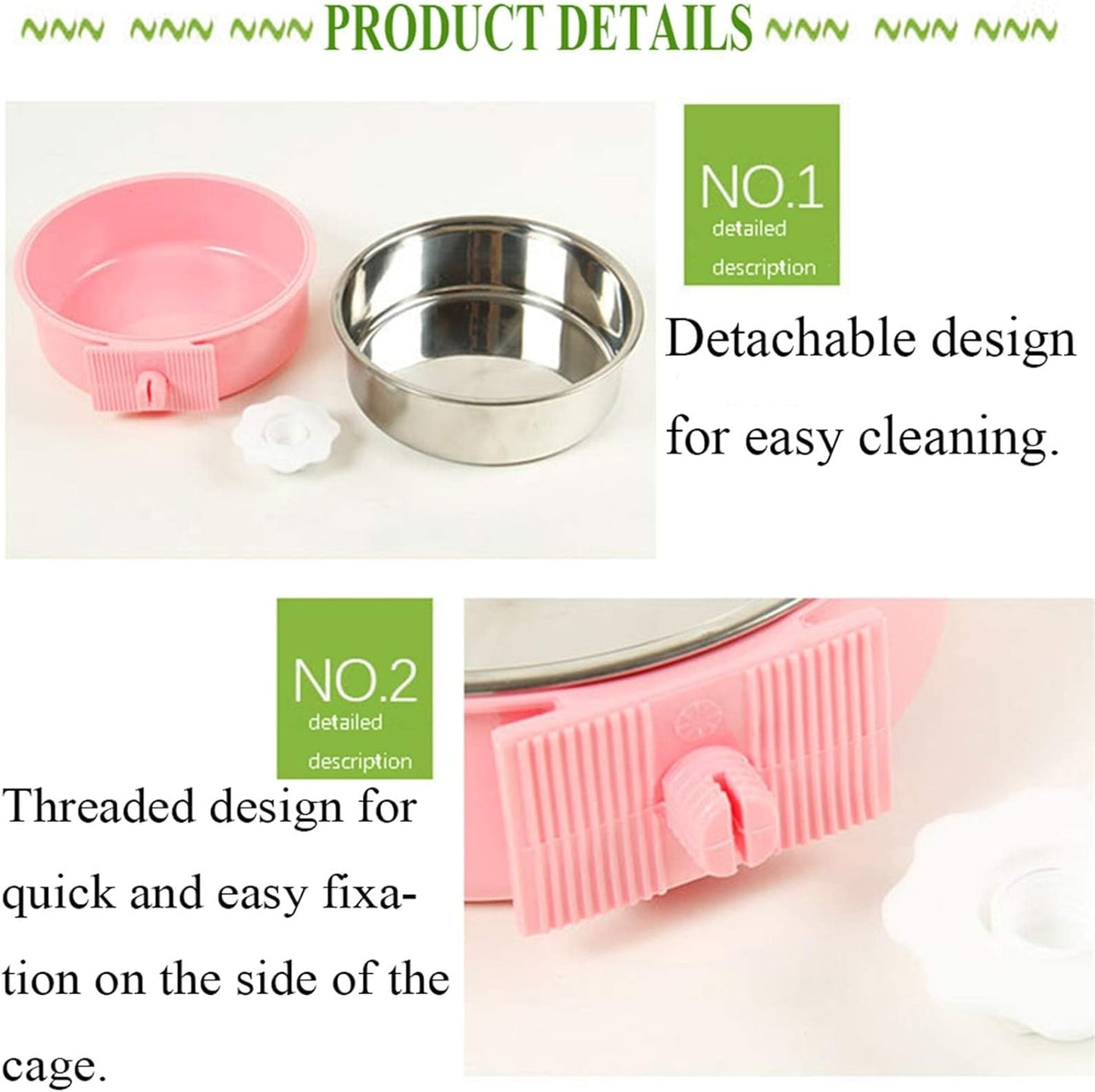 kathson Crate Dog Bowl, Removable Stainless Steel Hanging Pet Cage Bowl Food & Water Feeder Coop Cup for Cat, Puppy, Birds, Rats, Guinea Pigs 3pcs Large(Blue,Green,Pink)