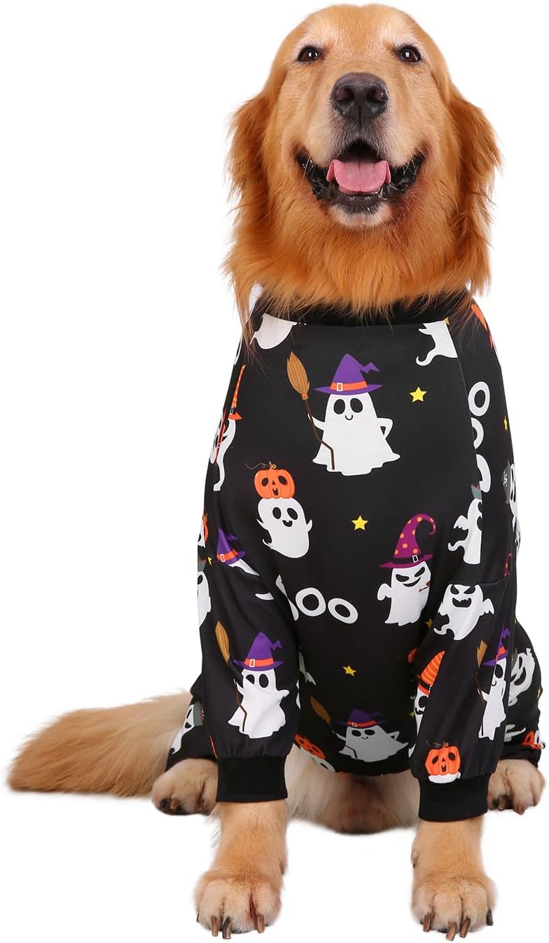 HDE Dog Pajamas One Piece Jammies Jumpsuit Pet Clothes Outfit Stretchy Lightweight Comfy Shirt Pjs for M-3XL Dogs Cute Ghosts - 3XL