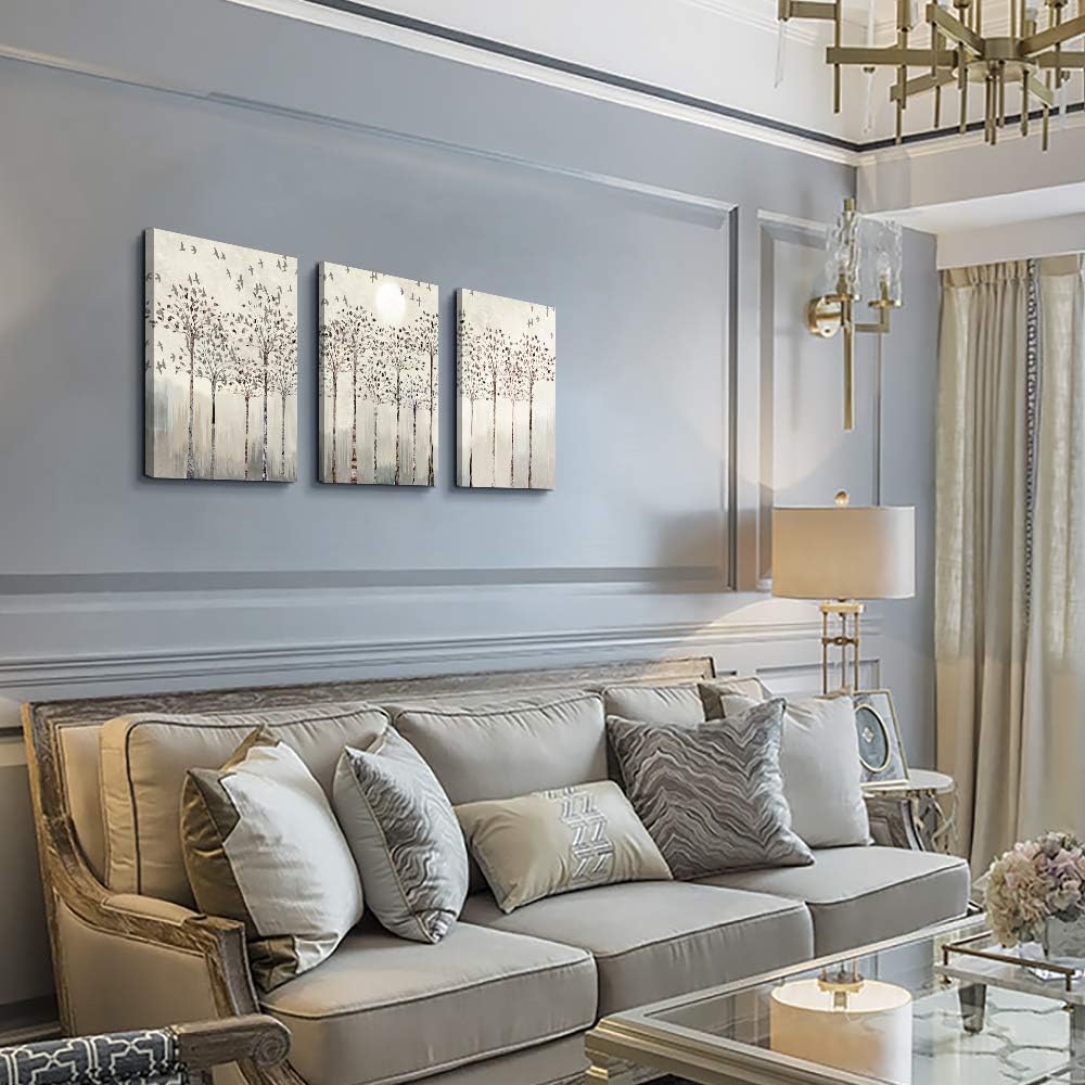 Trees And Birds Abstract Paintings Canvas Prints Wall Art For Bedroom Bathroom Wall Decor Office Artworks Pictures Wall Decorations For Living Room,3 Piece Sunrise And Sunset Modern Home Decoration