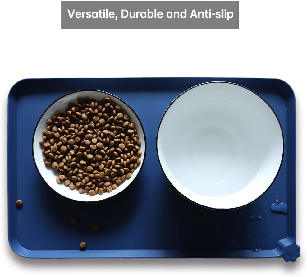 Hoki Found Silicone Pet Food Mats - Non Slip Dog Cat Bowl Placemats - Waterproof Dog Cat Food Mats - Suitable for Carpet - Indigo Ink