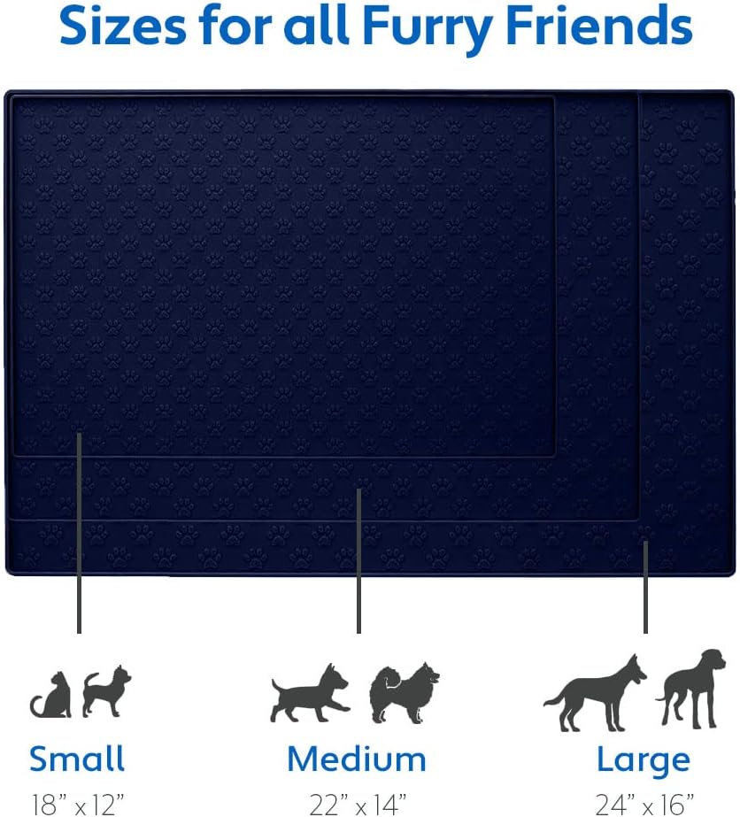 MIGHTY MONKEY 100% Waterproof Dog Food Mat, Raised Edges Silicone Pet Feeding Placemat for Cat, Dogs, Pet Bowls, High Lipped Tray Prevents Water Spills, Food on Floor, Dishwasher Safe, 24x16, Navy