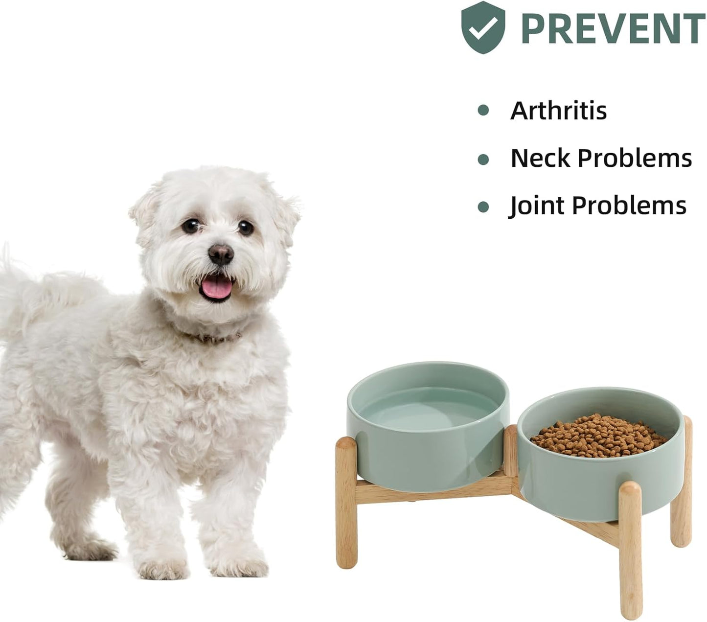 Ceramic 6.1inch Raised Dog Bowl with Stand for Small and Medium Breed Dog Dish Pet Food and Water Bowl (Double Bowl with Stand - Light Green, 28oz)
