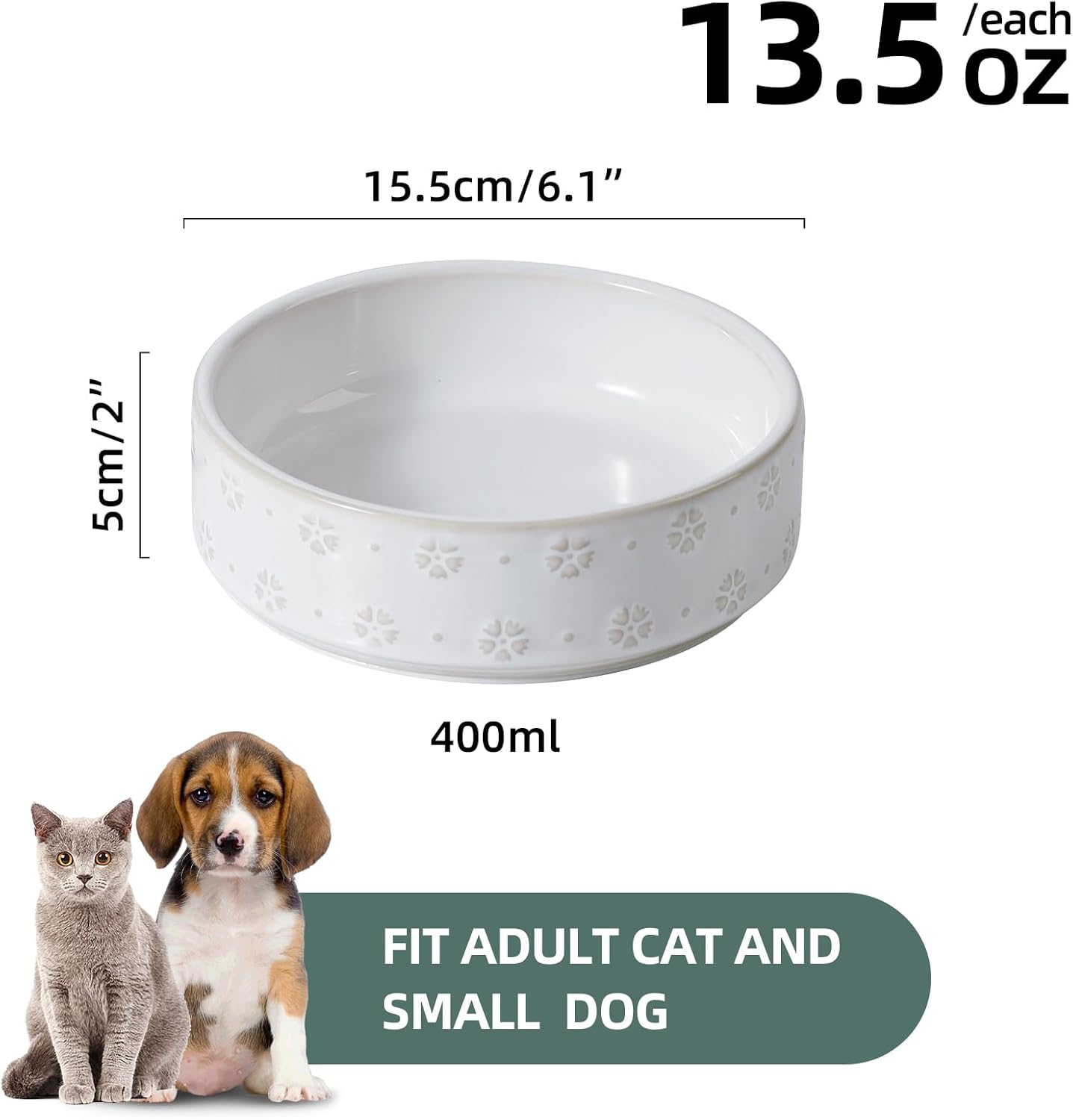 6.1inch Ceramic Set of 2 Dog and Cat Bowls, Food and Water Bowls for Toy Breed Dogs, Kitty, 2pcs Pet Dishes, Cat Feeder(2Dishes, White with Snowflake Pattern)