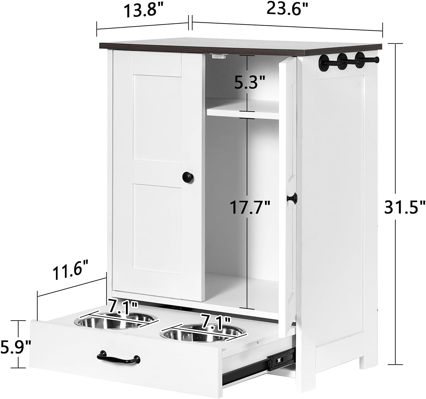Pet Feeding Station, Dog Feeding Station, Dog Food Storage Cabinet, Pet Food Toy Organiser with 2 Elevated Bowls and Hook for Feeding and Drinking, White