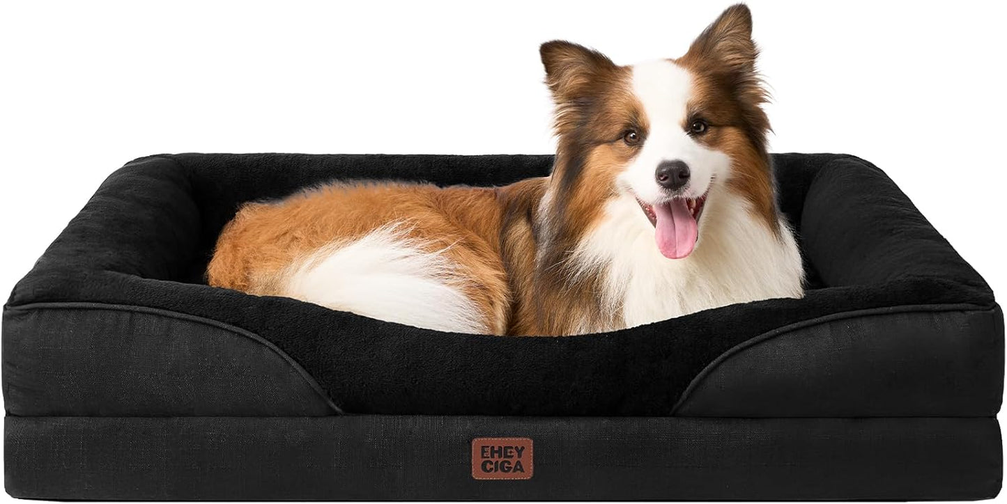 EHEYCIGA Memory Foam Dog Bed for Large Sized, Orthopedic Dog Sofa with Sides and Waterproof Liner, Washable Bolster Pet Couch with Removable Cover, 41x27x7.5 Inch, Black