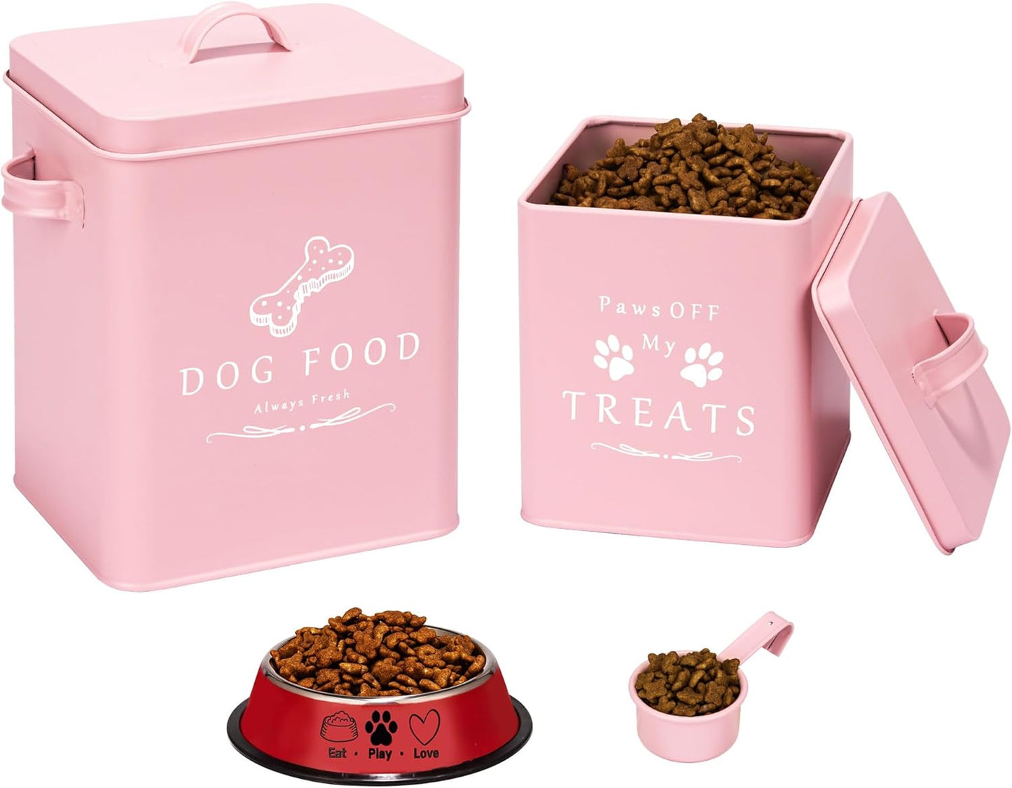 Meraki Home Small Dog Food Container and Dog Treats Container - Tight Lids - Feed Scoop and Pet Food Bowl - Farmhouse Metal Storage Bin - Matte Pink