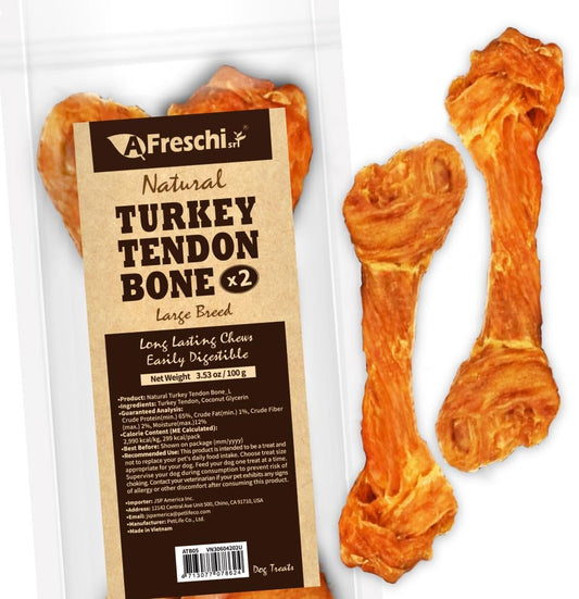 AFreschi Turkey Tendons for Dogs, USA-Sourced, Healthy Dog Treats, Rawhide-Free Puppy Chews, Long Lasting, All Natural, Hypoallergenic Dog Treats for Large Breeds, 2 Count Pack Bone (L)