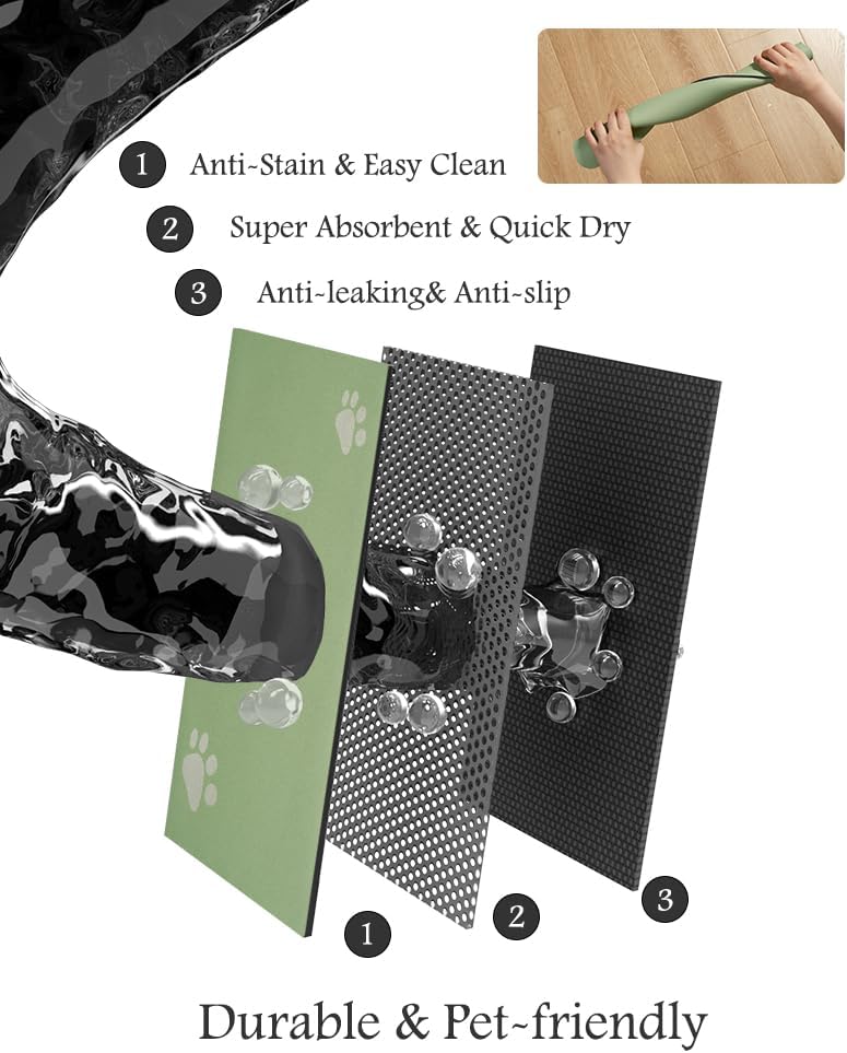 Pet Feeding Mat-Absorbent Dog Mat for Food and Water Bowl-No Stains Quick Dry Water Dispenser Mat-Dog Accessories Pet Supplies-Bowl for Messy Drinkers（Green,17"x28"